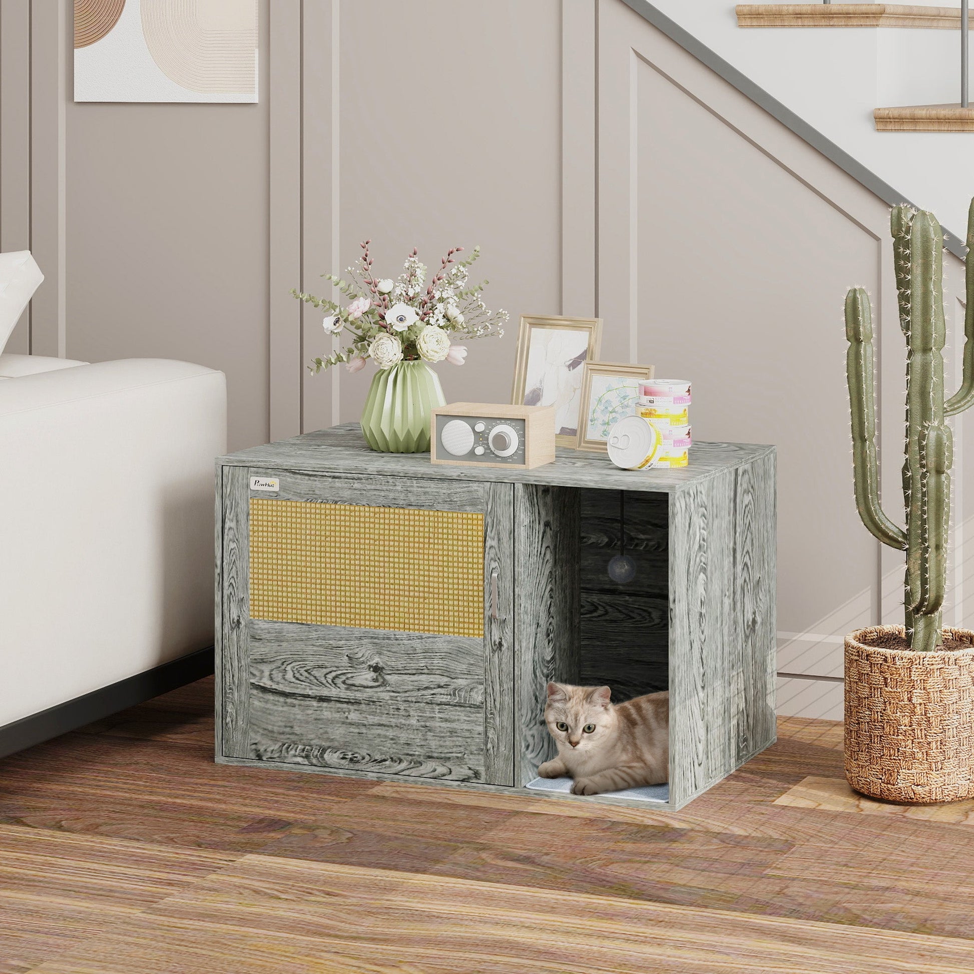 Cat Litter Box Enclosure with Rattan Door, Boho Style Hiddern Litter Box Furniture, Cat House End Side Table with Scratching Mat, Toy Ball, Non-slip Foot Pads, 80 x 50 x 50cm, Grey
