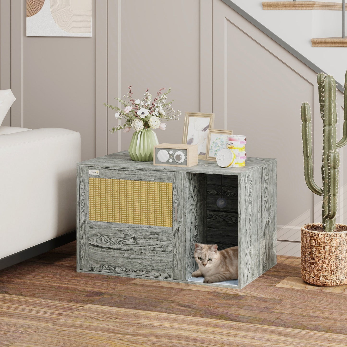 Cat Litter Box Enclosure with Rattan Door, Boho Style Hiddern Litter Box Furniture, Cat House End Side Table with Scratching Mat, Toy Ball, Non-slip Foot Pads, 80 x 50 x 50cm, Grey