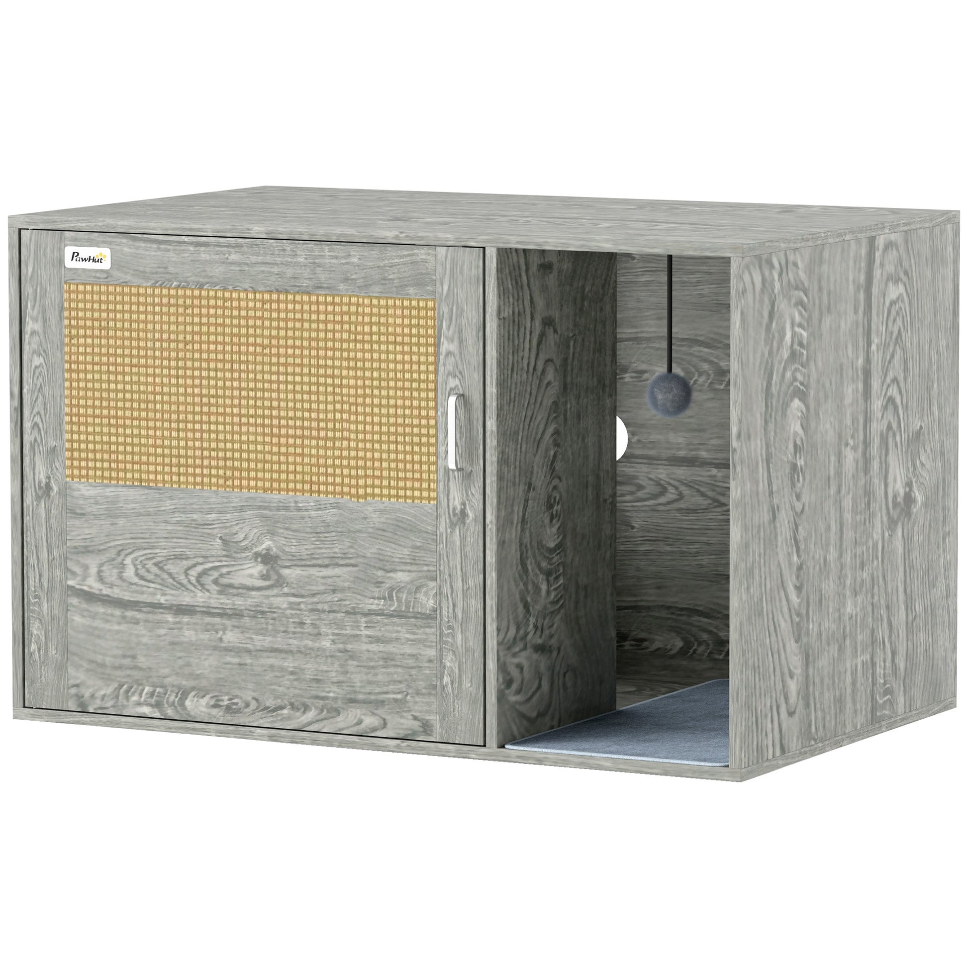Cat Litter Box Enclosure with Rattan Door, Boho Style Hiddern Litter Box Furniture, Cat House End Side Table with Scratching Mat, Toy Ball, Non-slip Foot Pads, 80 x 50 x 50cm, Grey