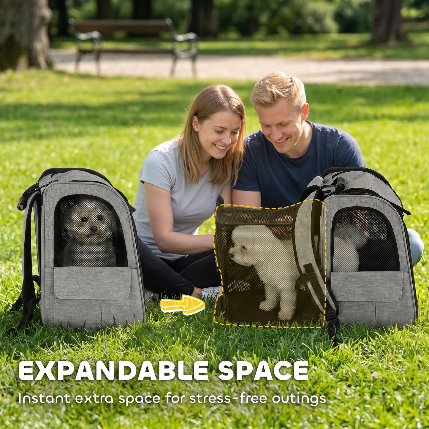 Dog Carrier Backpack Expandable, Breathable Pet Carrier Bag for Small Puppy Cat with Reflective Strip and 5 Pockets, for Travel Hiking Walking Camping, Light Grey