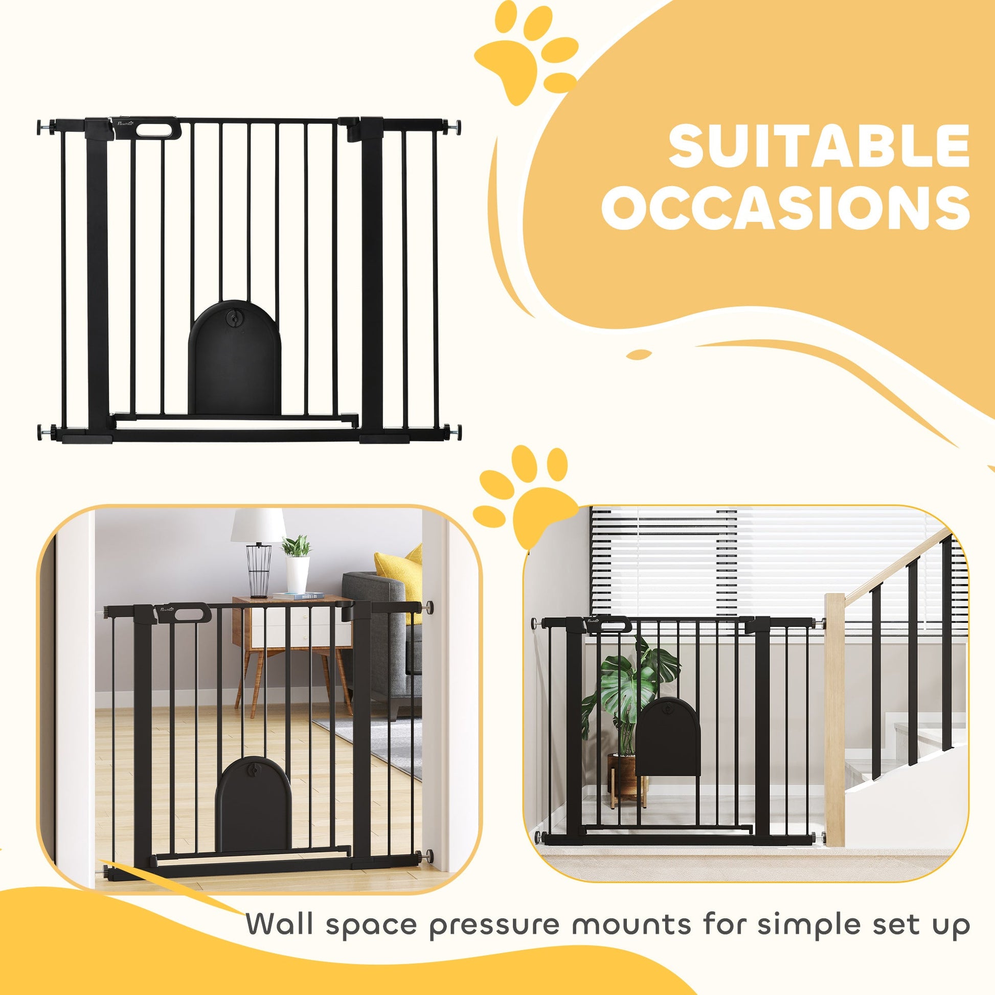 Dog Gate with Cat Flap Pet Safety Gate Barrier, Stair Pressure Fit, Auto Close, Double Locking, for Doorways, Hallways, 75-103 cm Black