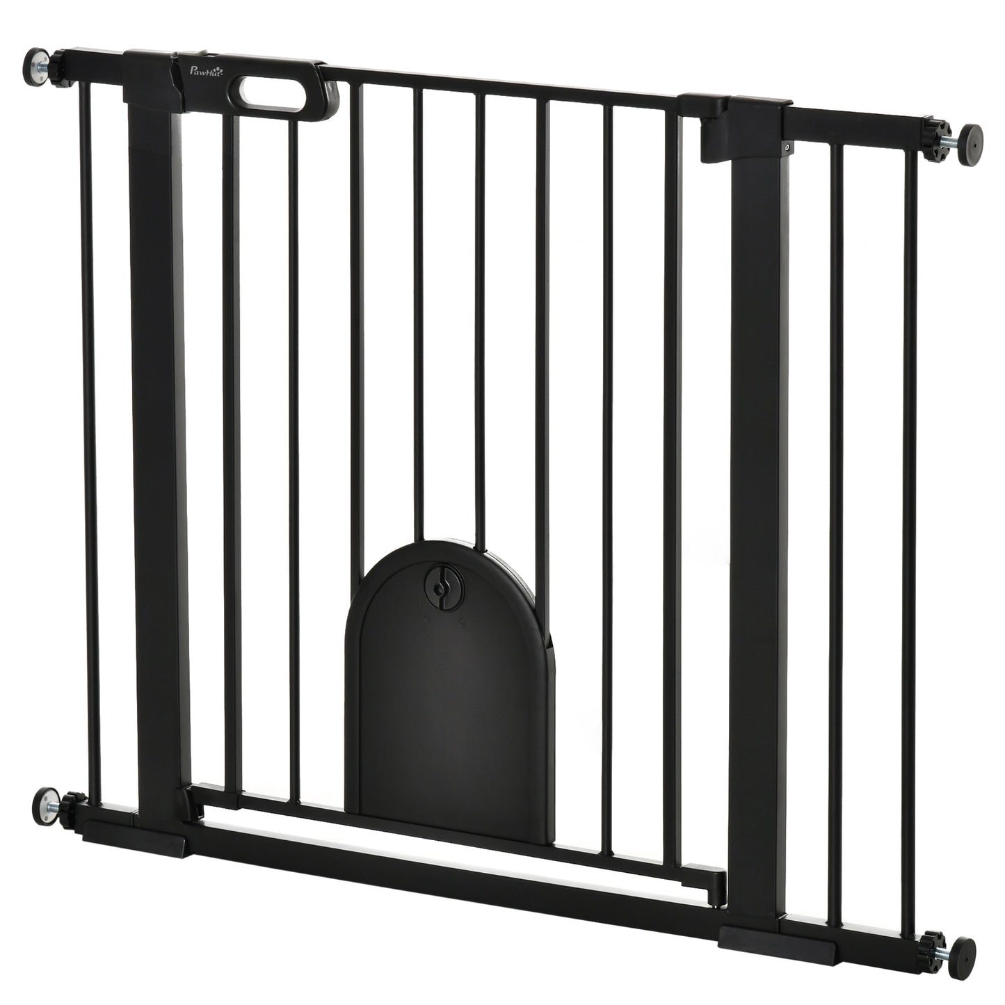 Dog Gate with Cat Flap Pet Safety Gate Barrier, Stair Pressure Fit, Auto Close, Double Locking, for Doorways, Hallways, 75-103 cm Black