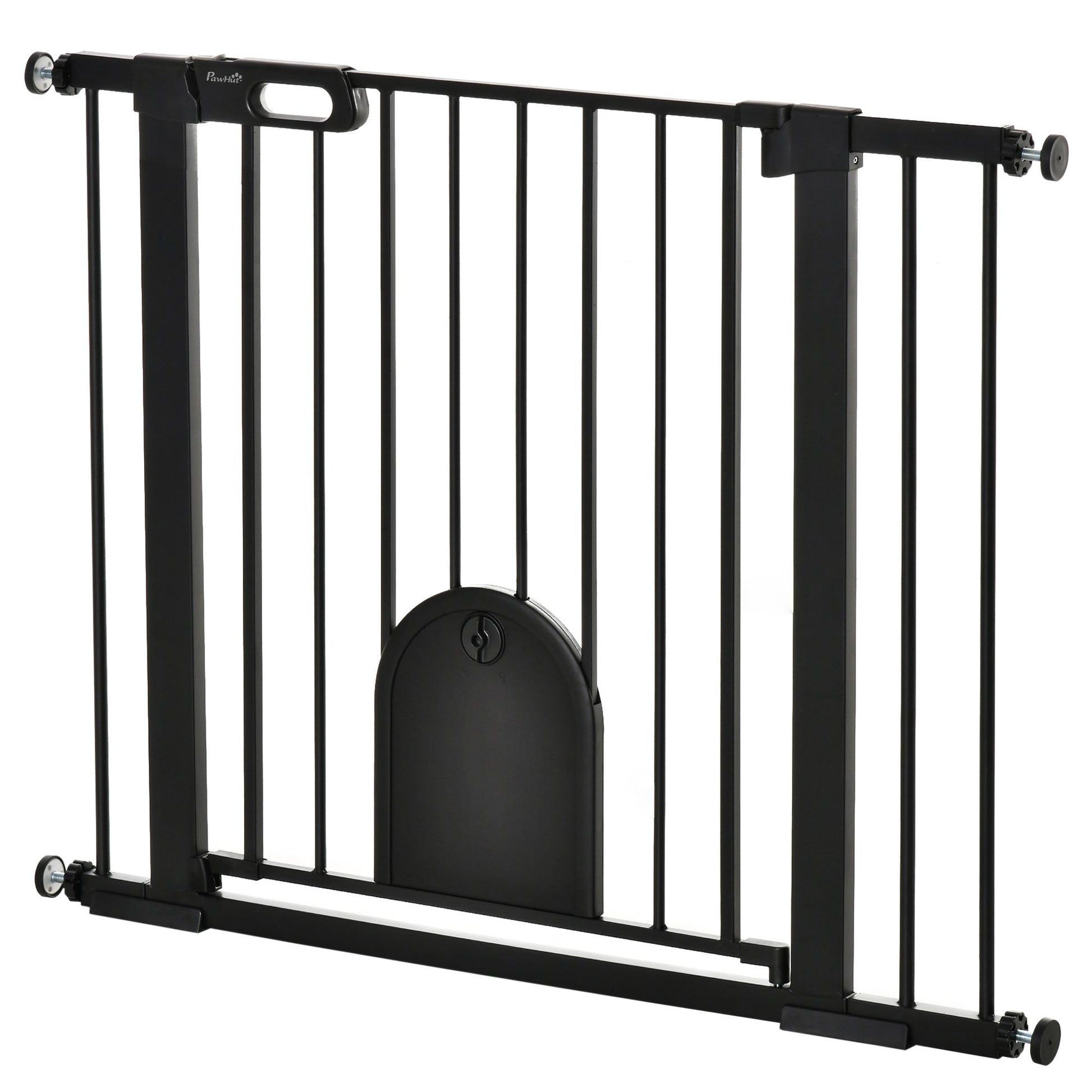 Dog Gate with Cat Flap Pet Safety Gate Barrier, Stair Pressure Fit, Auto Close, Double Locking, for Doorways, Hallways, 75-103 cm Black