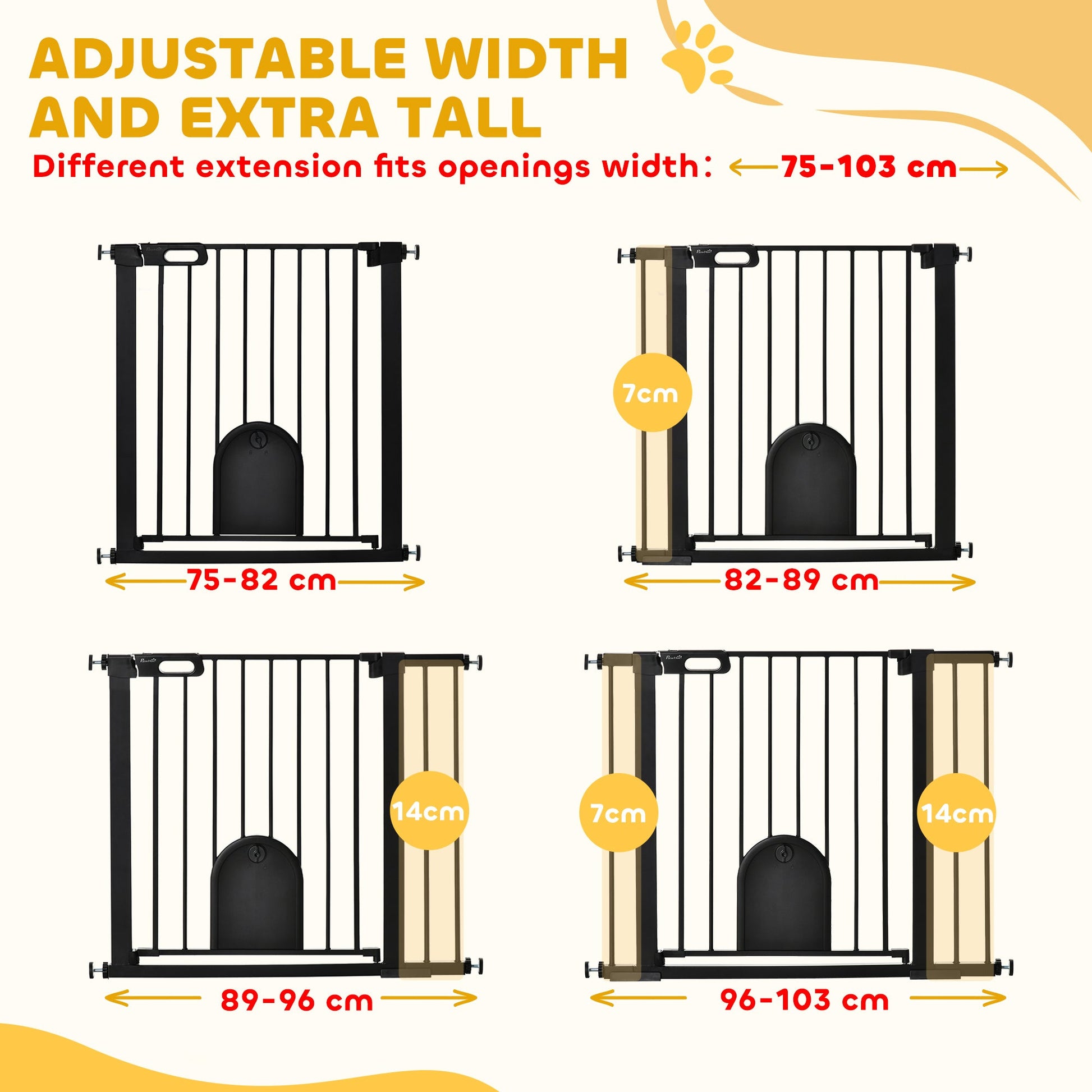 Dog Gate with Cat Flap Pet Safety Gate Barrier, Stair Pressure Fit, Auto Close, Double Locking, for Doorways, Hallways, 75-103 cm Black