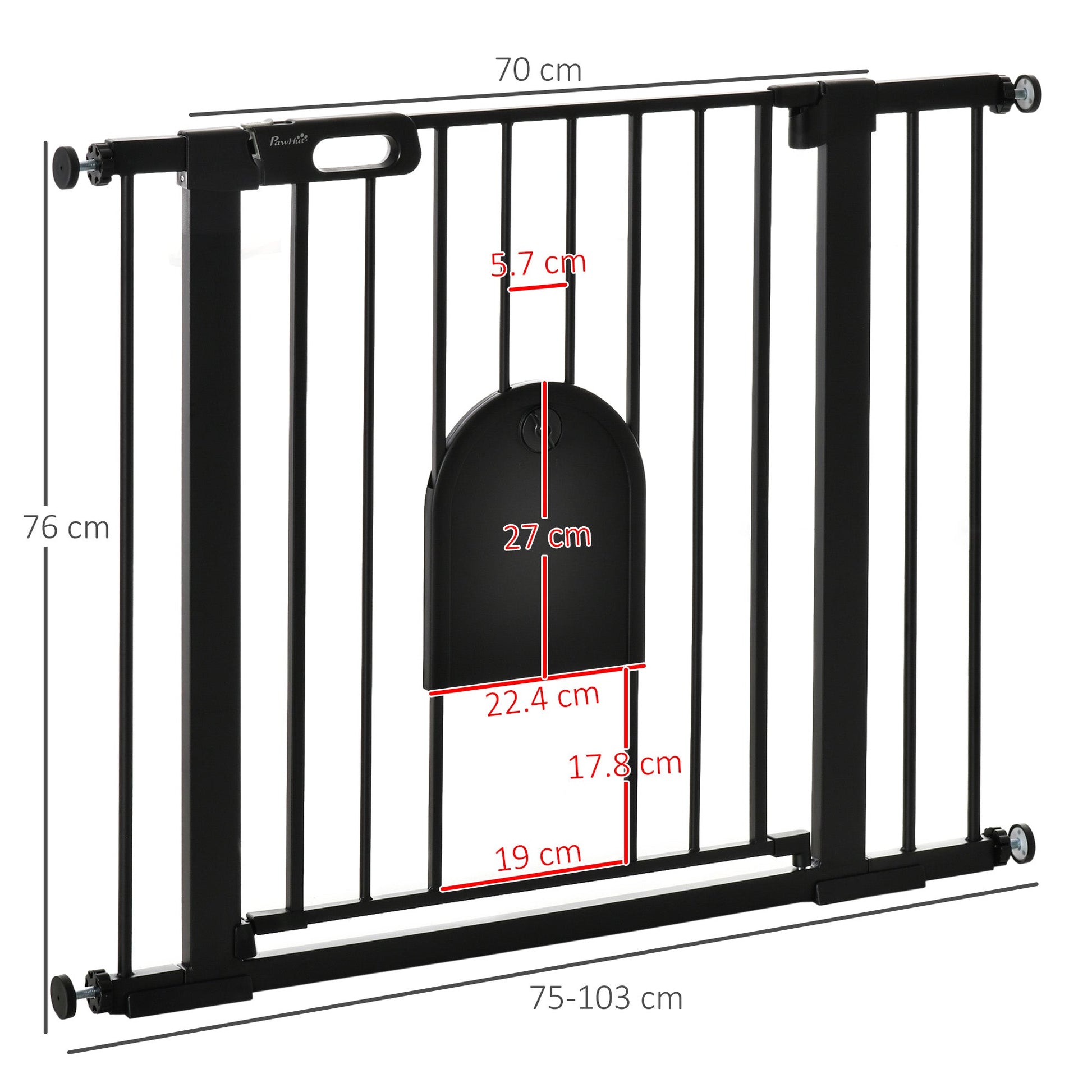 Dog Gate with Cat Flap Pet Safety Gate Barrier, Stair Pressure Fit, Auto Close, Double Locking, for Doorways, Hallways, 75-103 cm Black