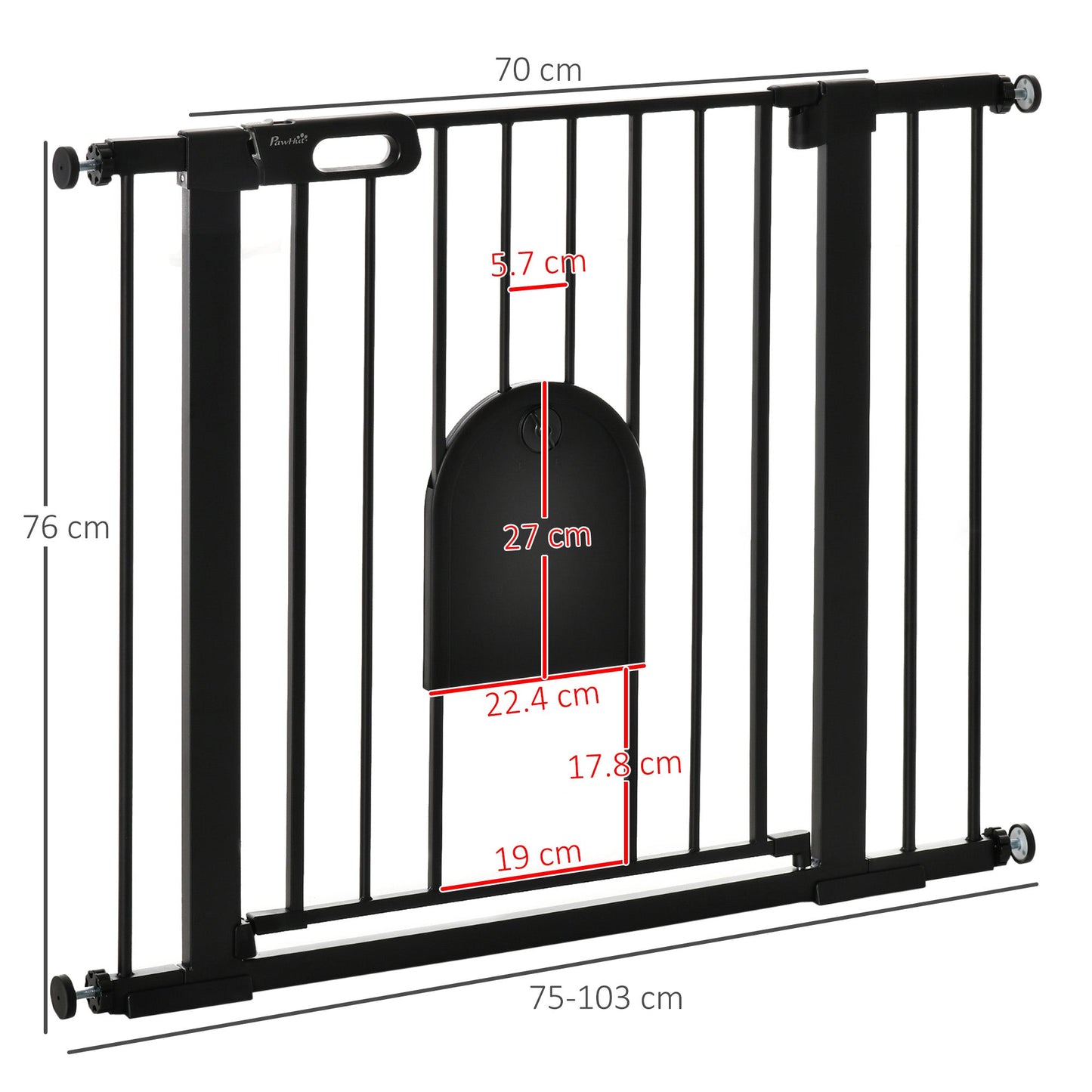 Dog Gate with Cat Flap Pet Safety Gate Barrier, Stair Pressure Fit, Auto Close, Double Locking, for Doorways, Hallways, 75-103 cm Black