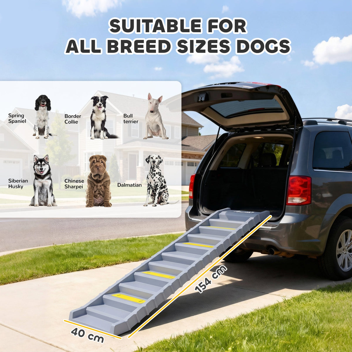 Foldable Dog Ramp for Cars High Bed, Portable 10-Step Dog Stairs with Non-Slip Strips & Pads, Lightweight Pet SUV Truck Steps, Support Up to 68 KG, Grey