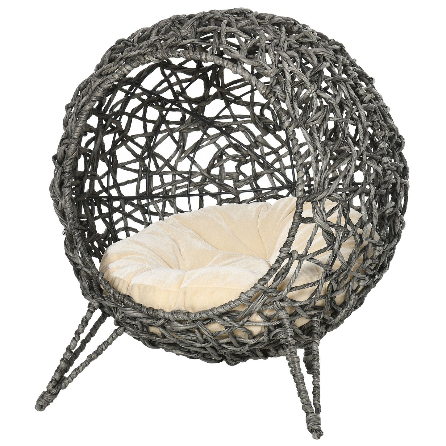 Rattan Elevated Cat Bed House Kitten Basket Ball Shaped Pet Furniture w/ Removable Cushion - Silver-Tone and Grey