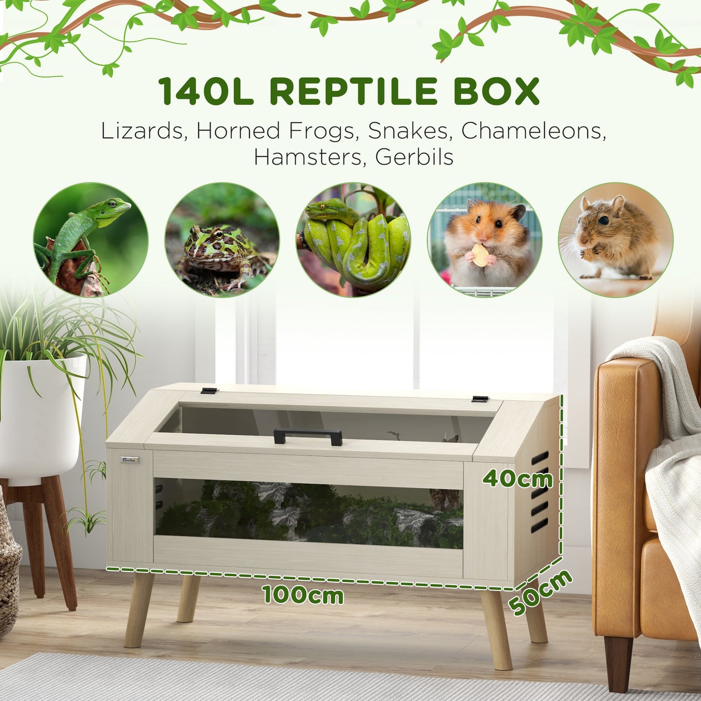 140L Reptile Vivarium Terrarium with Tempered Glass Windows, Openable Top for Snake Lizards, Horned Frogs, Chameleons, Hamsters, Gerbils, 100 x 50 x 60cm