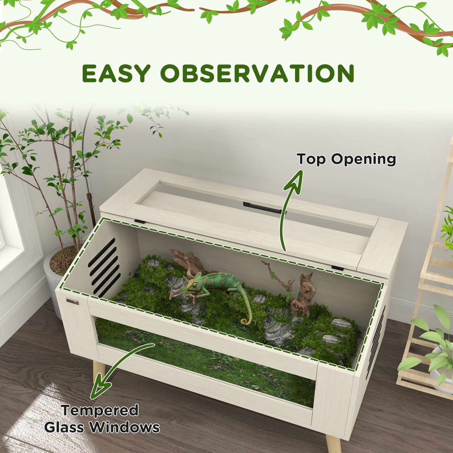 140L Reptile Vivarium Terrarium with Tempered Glass Windows, Openable Top for Snake Lizards, Horned Frogs, Chameleons, Hamsters, Gerbils, 100 x 50 x 60cm