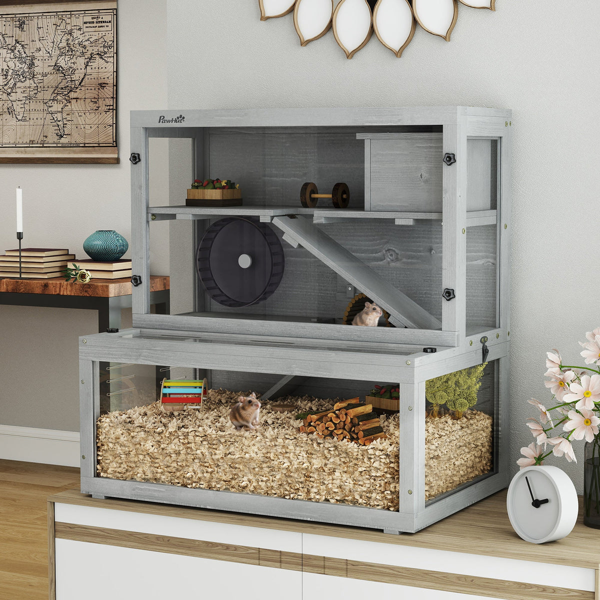 Wooden Hamster Cage, Large Gerbil Cage with Hut, Wheel, Ramps, 3 Tier Small Animal Habitat with Removable Viewing Panels, 80 x 50 x 84 cm, Grey