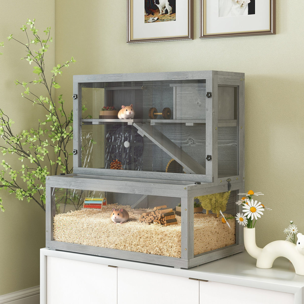 Wooden Hamster Cage, Large Gerbil Cage with Hut, Wheel, Ramps, 3 Tier Small Animal Habitat with Removable Viewing Panels, 80 x 50 x 84 cm, Grey