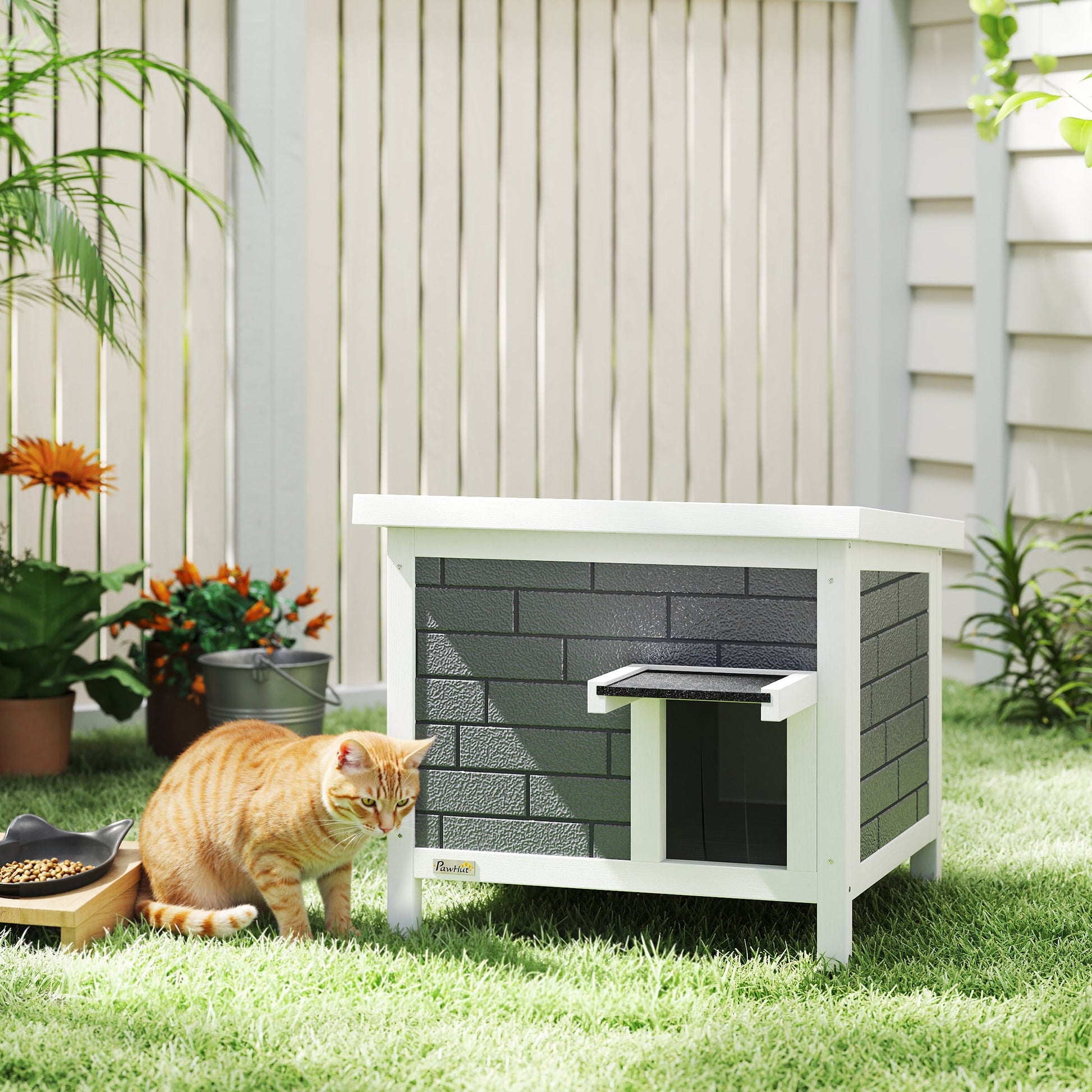 Outdoor Cat House Insulated, Wooden Weatherproof Feral Cat Shelter with Openable Asphalt Roof, Plastic Door Flaps, Rabbit Hutch for Bunnies, for Winter Outside, 61 x 51 x 53.5 cm, Grey