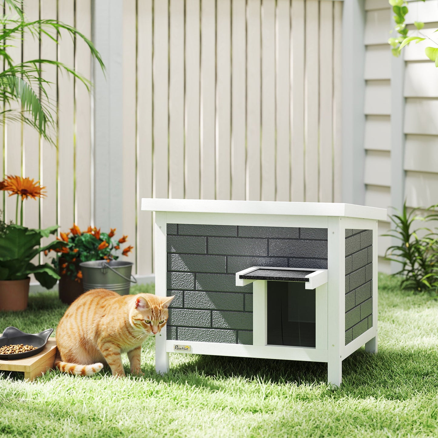 Outdoor Cat House Insulated, Wooden Weatherproof Feral Cat Shelter with Openable Asphalt Roof, Plastic Door Flaps, Rabbit Hutch for Bunnies, for Winter Outside, 61 x 51 x 53.5 cm, Grey
