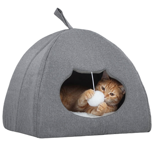 Cat Cave Bed for Indoor Kittens, Cat House with Removable Cushion and Teaser Ball, Kitty Igloo with Anti-Slip Base, 42 x 42 x 39 cm, Grey