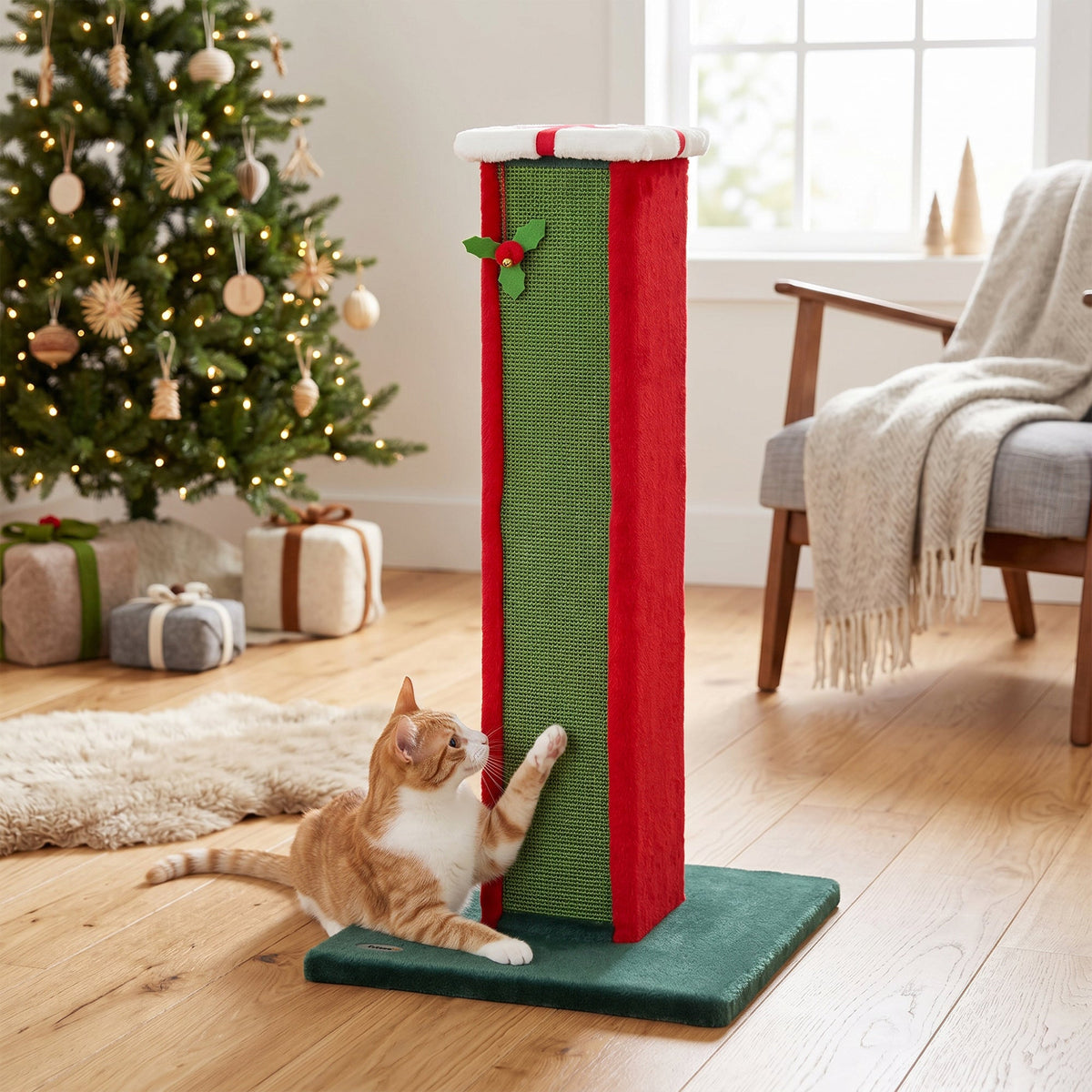 Cat Scratching Post for Indoor Cats, 81cm Tall Cat Scratcher with Sisal Rope, Hanging Bell Toy and Stable Base, Green and Red