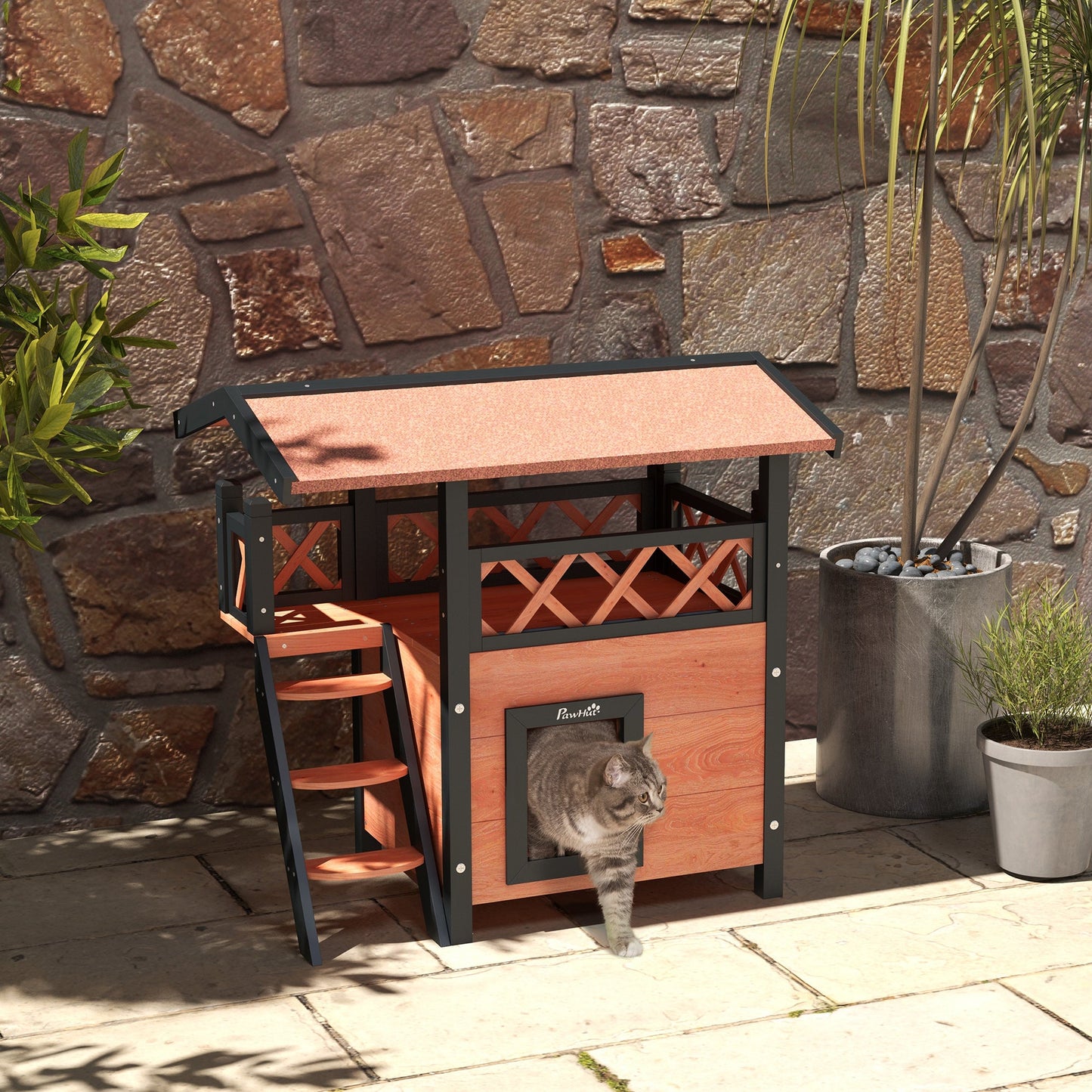 Outdoor Cat House Kitten Shelter Puppy Kennel with Balcony Stairs Asphalt Roof, 77 x 50 x 73 cm, Brown