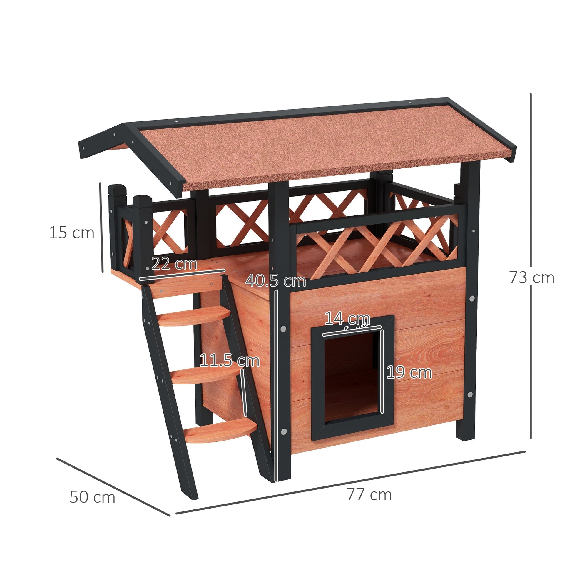 Outdoor Cat House Kitten Shelter Puppy Kennel with Balcony Stairs Asphalt Roof, 77 x 50 x 73 cm, Brown