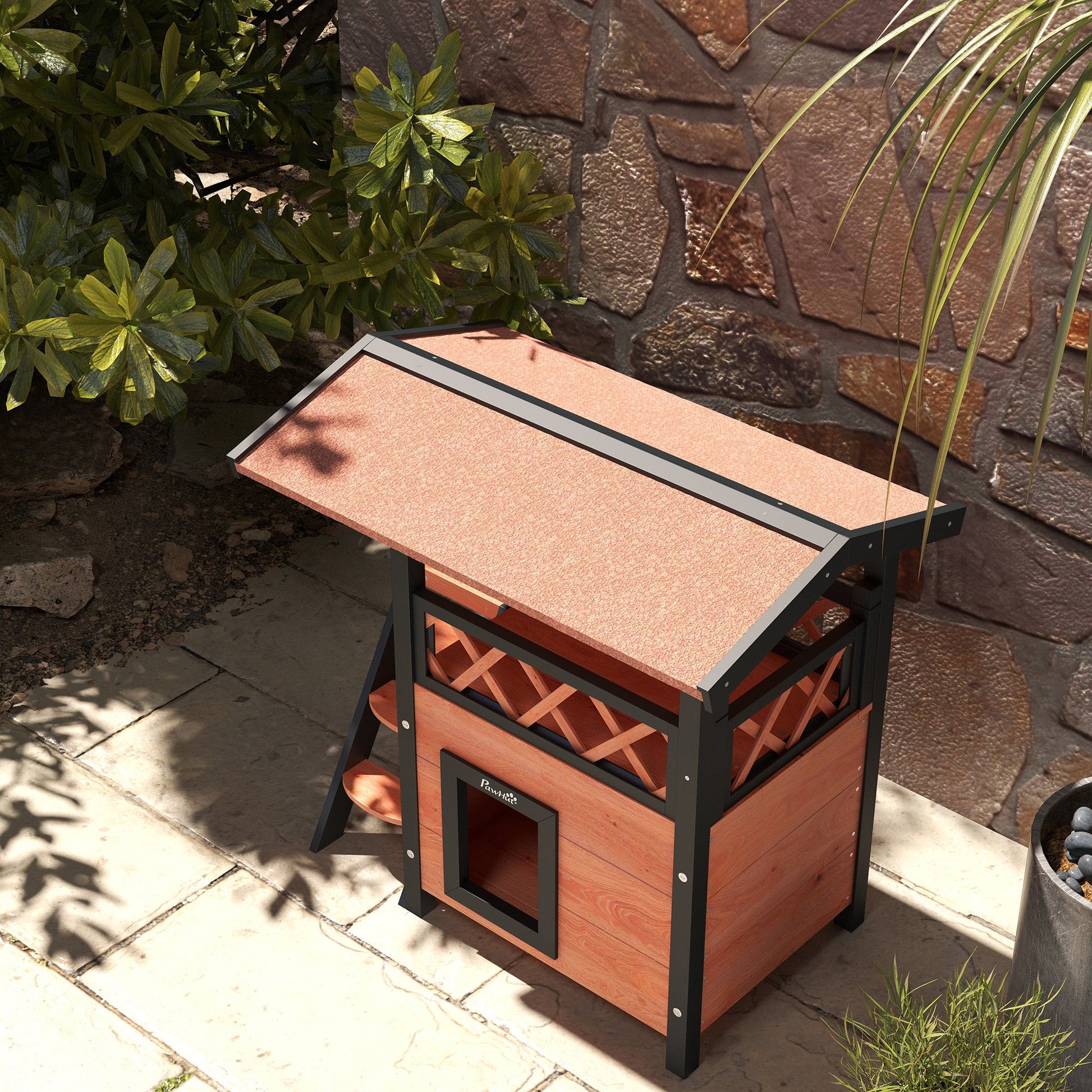 Outdoor Cat House Kitten Shelter Puppy Kennel with Balcony Stairs Asphalt Roof, 77 x 50 x 73 cm, Brown