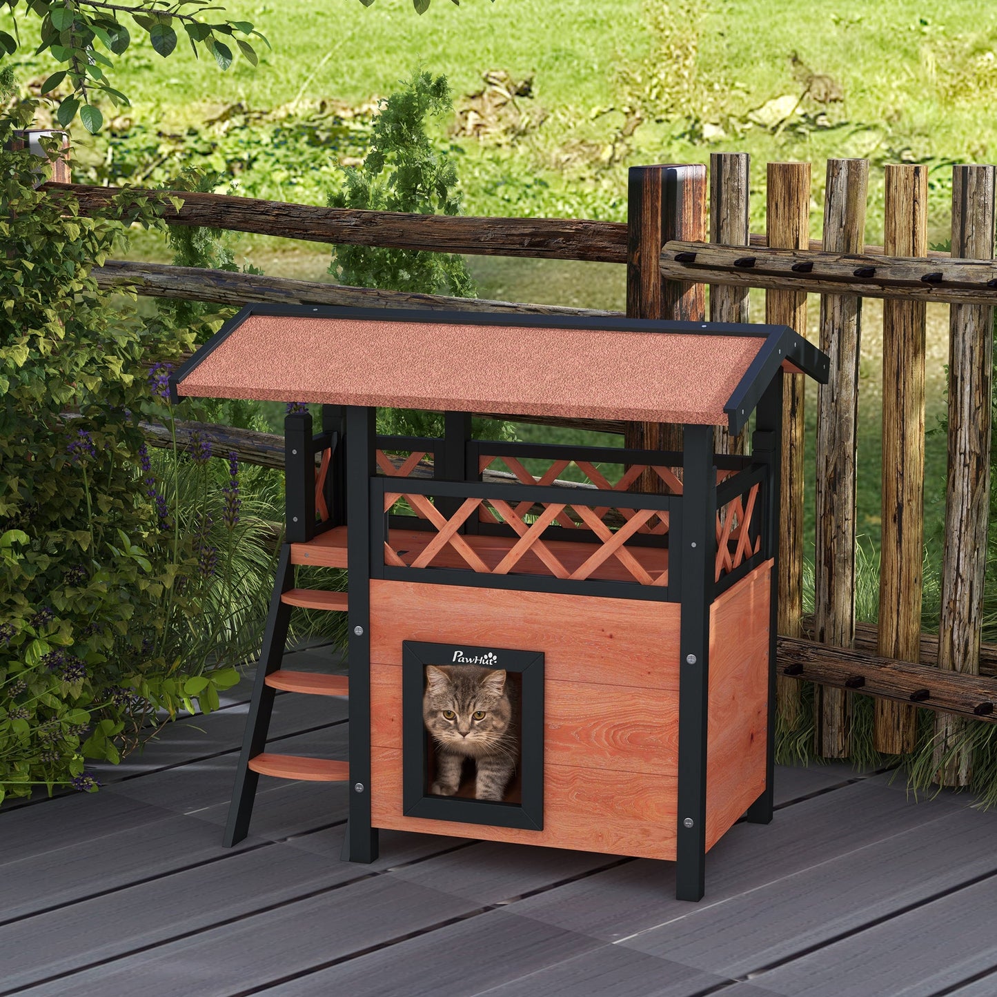Outdoor Cat House Kitten Shelter Puppy Kennel with Balcony Stairs Asphalt Roof, 77 x 50 x 73 cm, Brown