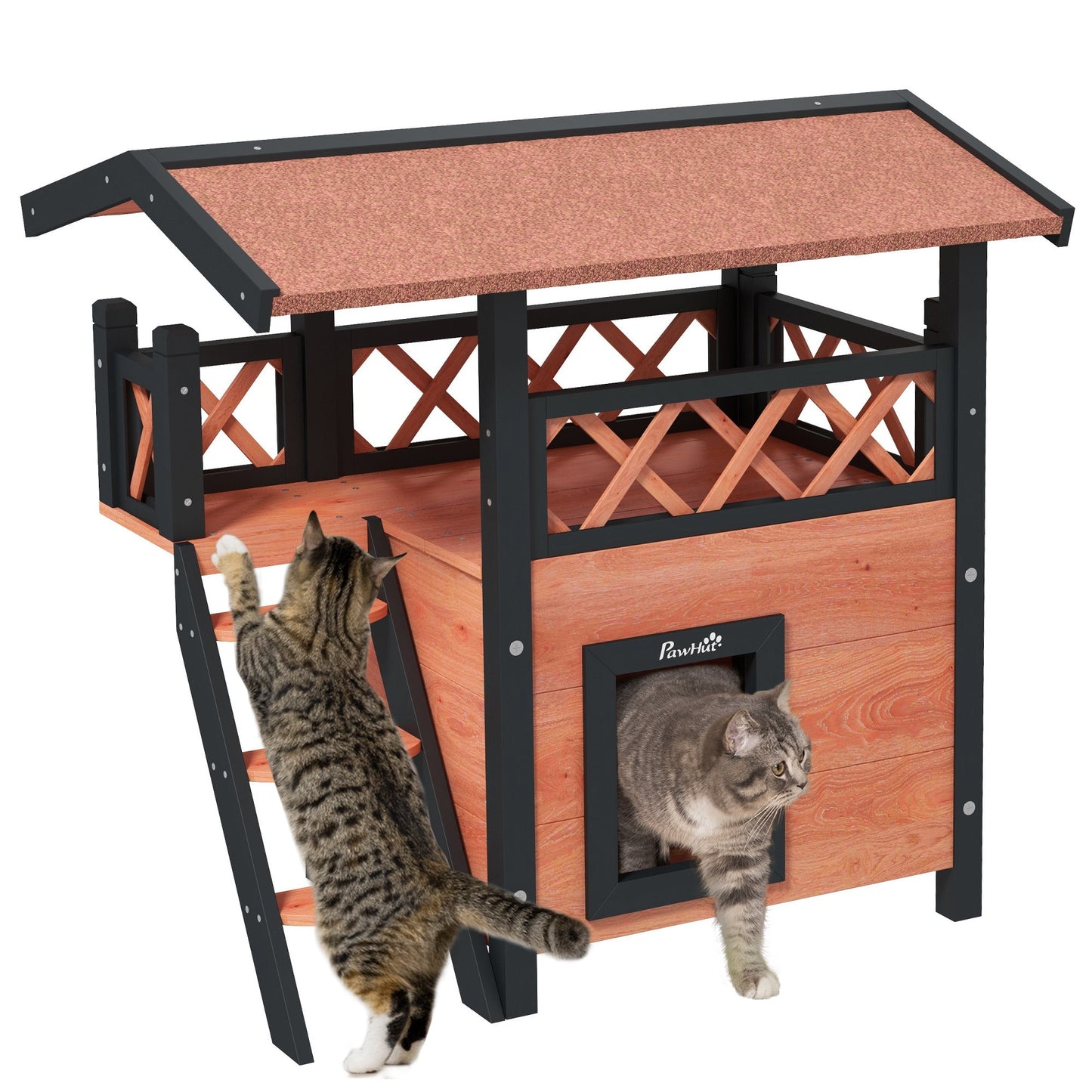 Outdoor Cat House Kitten Shelter Puppy Kennel with Balcony Stairs Asphalt Roof, 77 x 50 x 73 cm, Brown