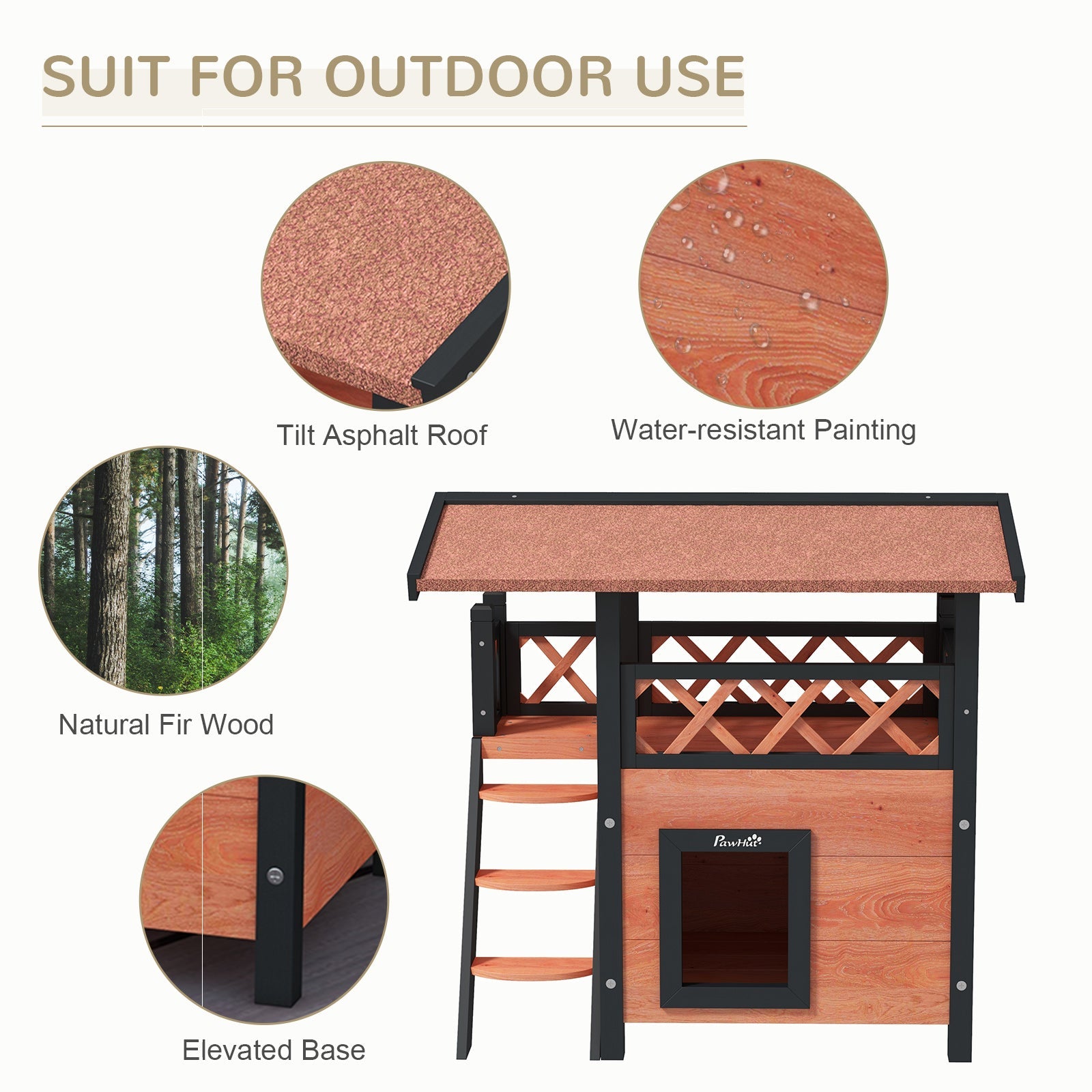 Outdoor Cat House Kitten Shelter Puppy Kennel with Balcony Stairs Asphalt Roof, 77 x 50 x 73 cm, Brown