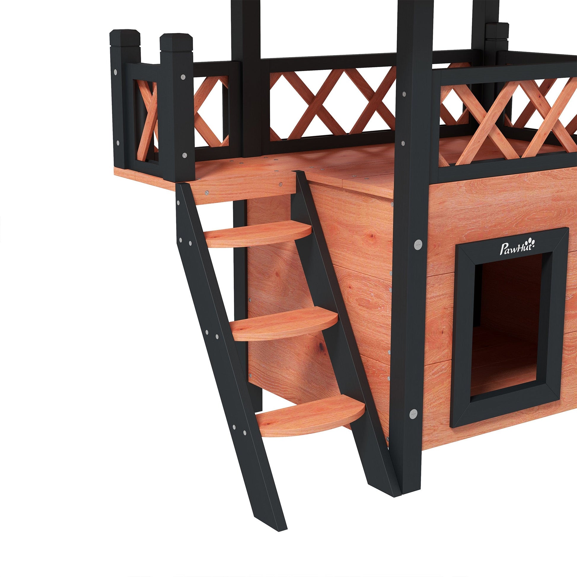 Outdoor Cat House Kitten Shelter Puppy Kennel with Balcony Stairs Asphalt Roof, 77 x 50 x 73 cm, Brown