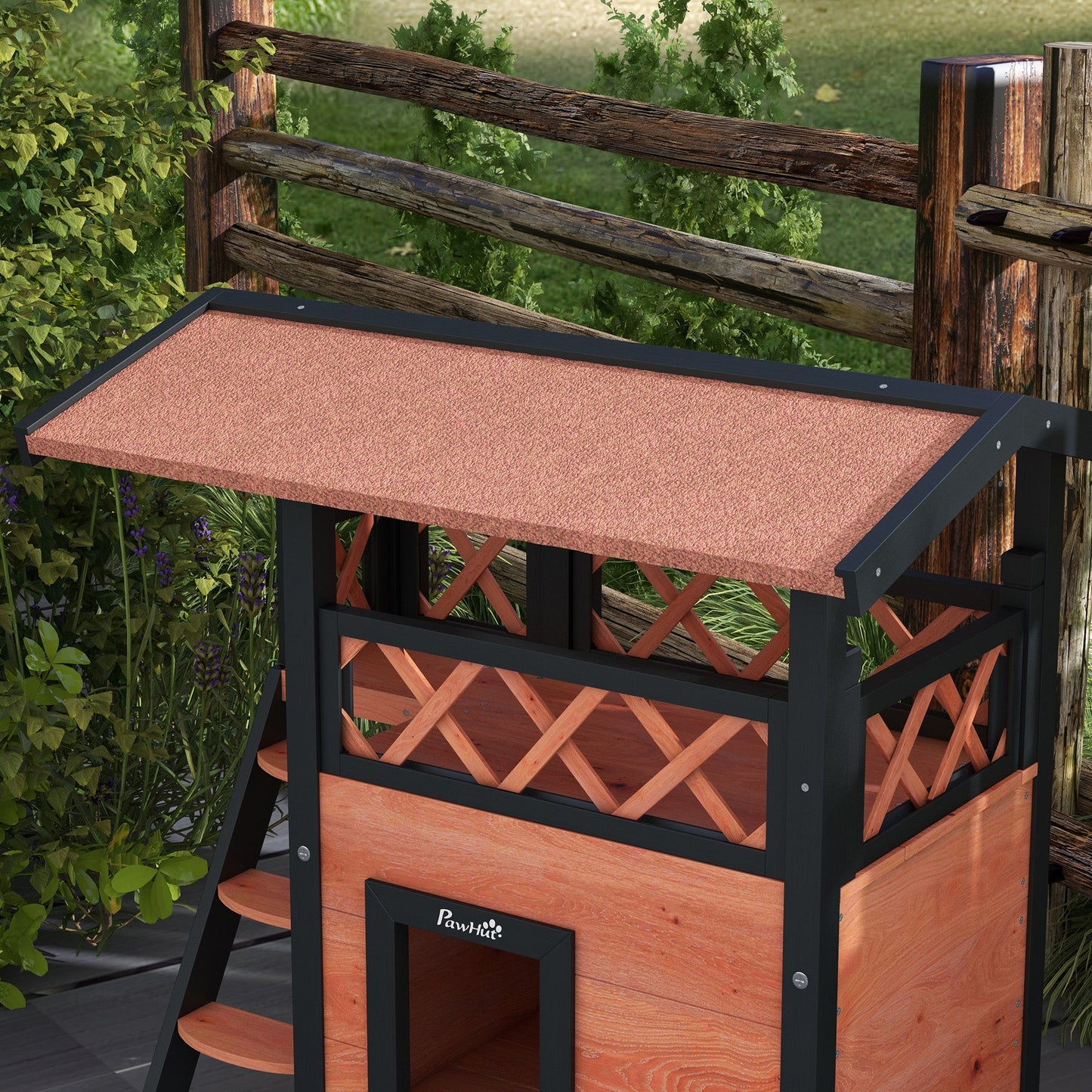 Outdoor Cat House Kitten Shelter Puppy Kennel with Balcony Stairs Asphalt Roof, 77 x 50 x 73 cm, Brown