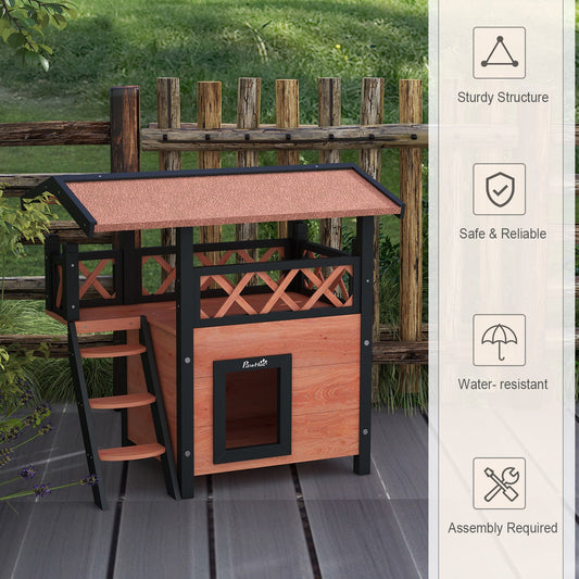 Outdoor Cat House Kitten Shelter Puppy Kennel with Balcony Stairs Asphalt Roof, 77 x 50 x 73 cm, Brown