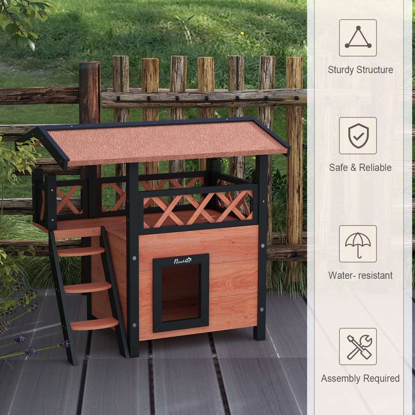 Outdoor Cat House Kitten Shelter Puppy Kennel with Balcony Stairs Asphalt Roof, 77 x 50 x 73 cm, Brown
