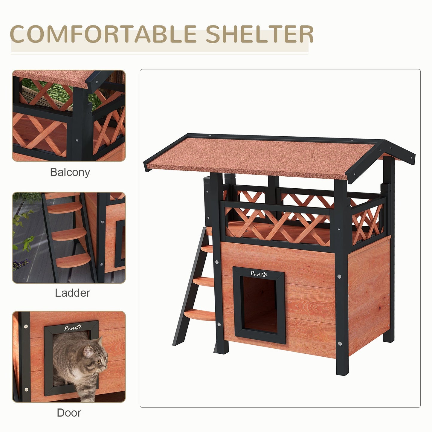 Outdoor Cat House Kitten Shelter Puppy Kennel with Balcony Stairs Asphalt Roof, 77 x 50 x 73 cm, Brown