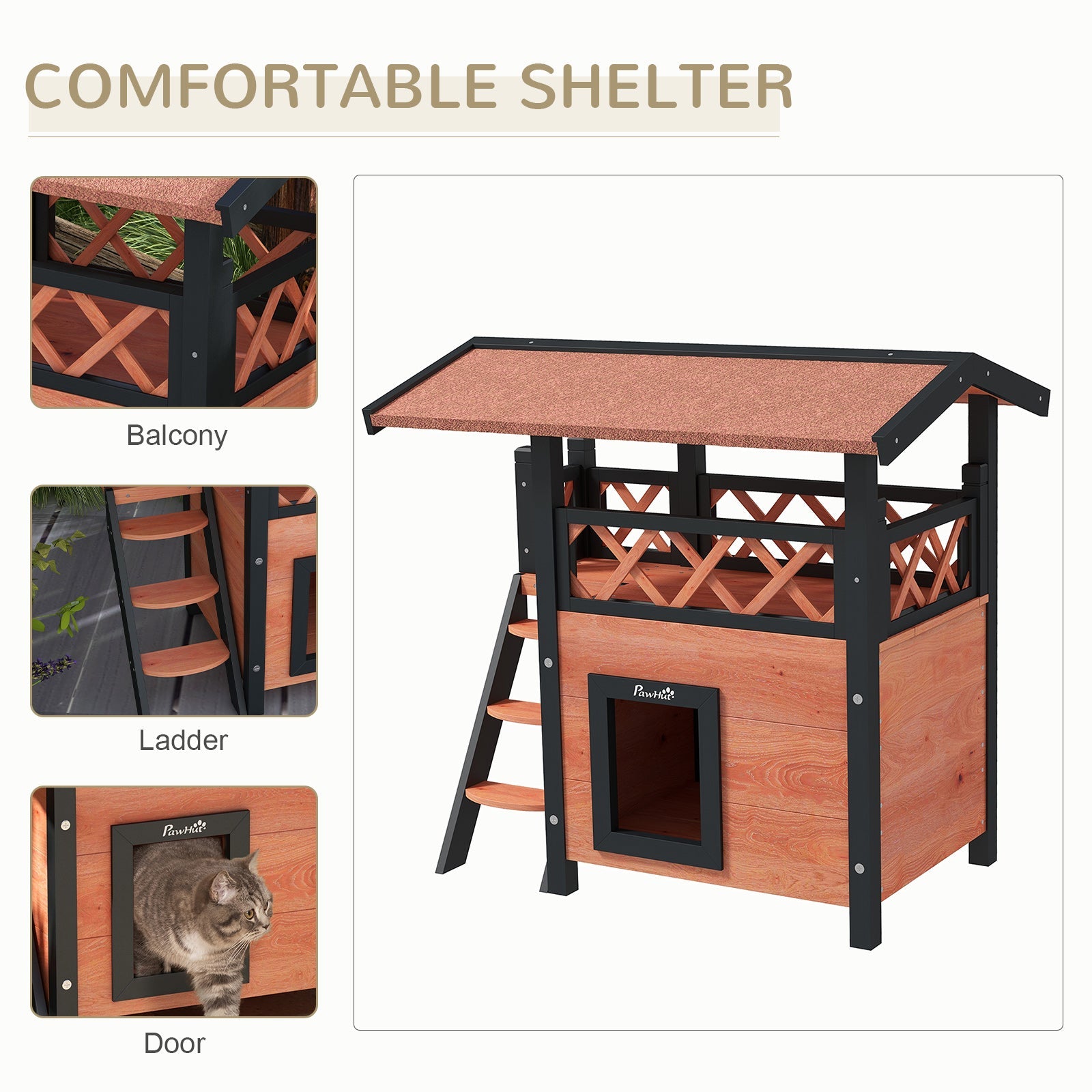 Outdoor Cat House Kitten Shelter Puppy Kennel with Balcony Stairs Asphalt Roof, 77 x 50 x 73 cm, Brown