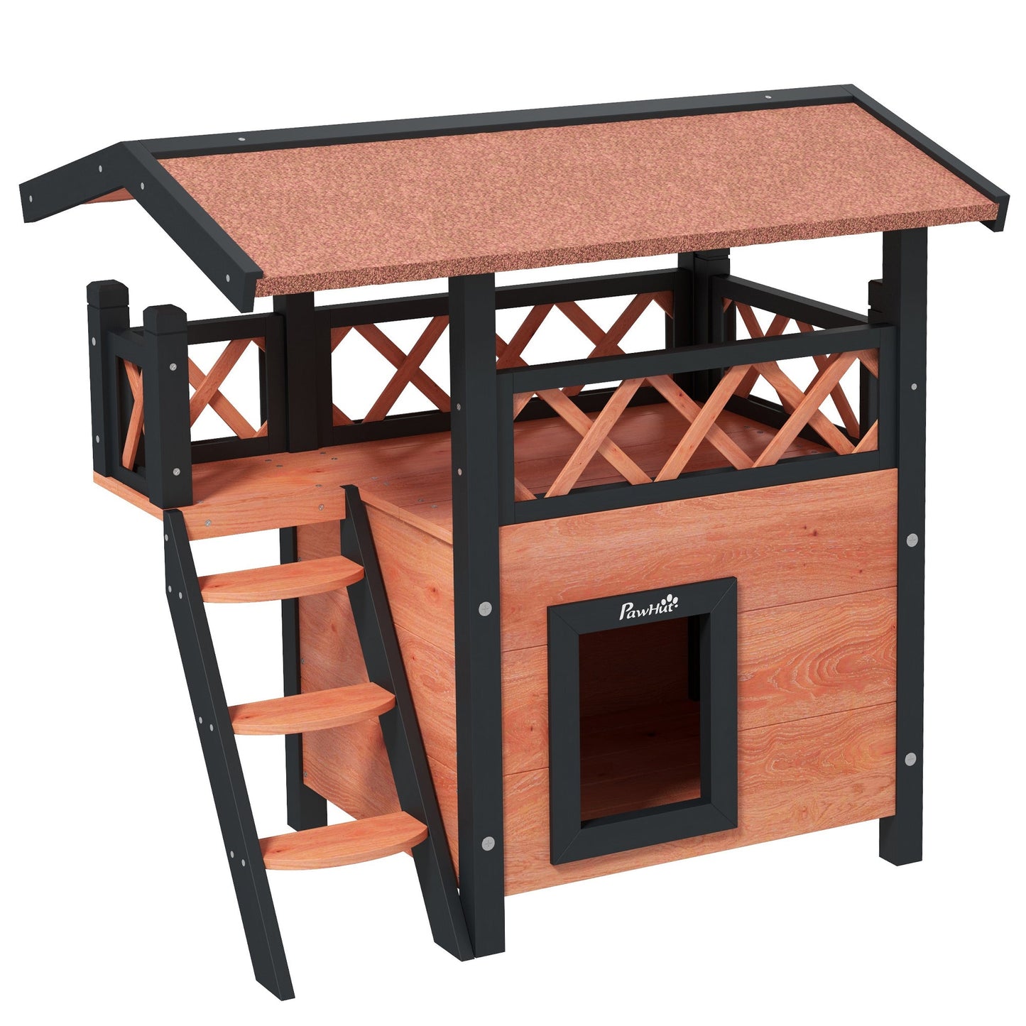 Outdoor Cat House Kitten Shelter Puppy Kennel with Balcony Stairs Asphalt Roof, 77 x 50 x 73 cm, Brown