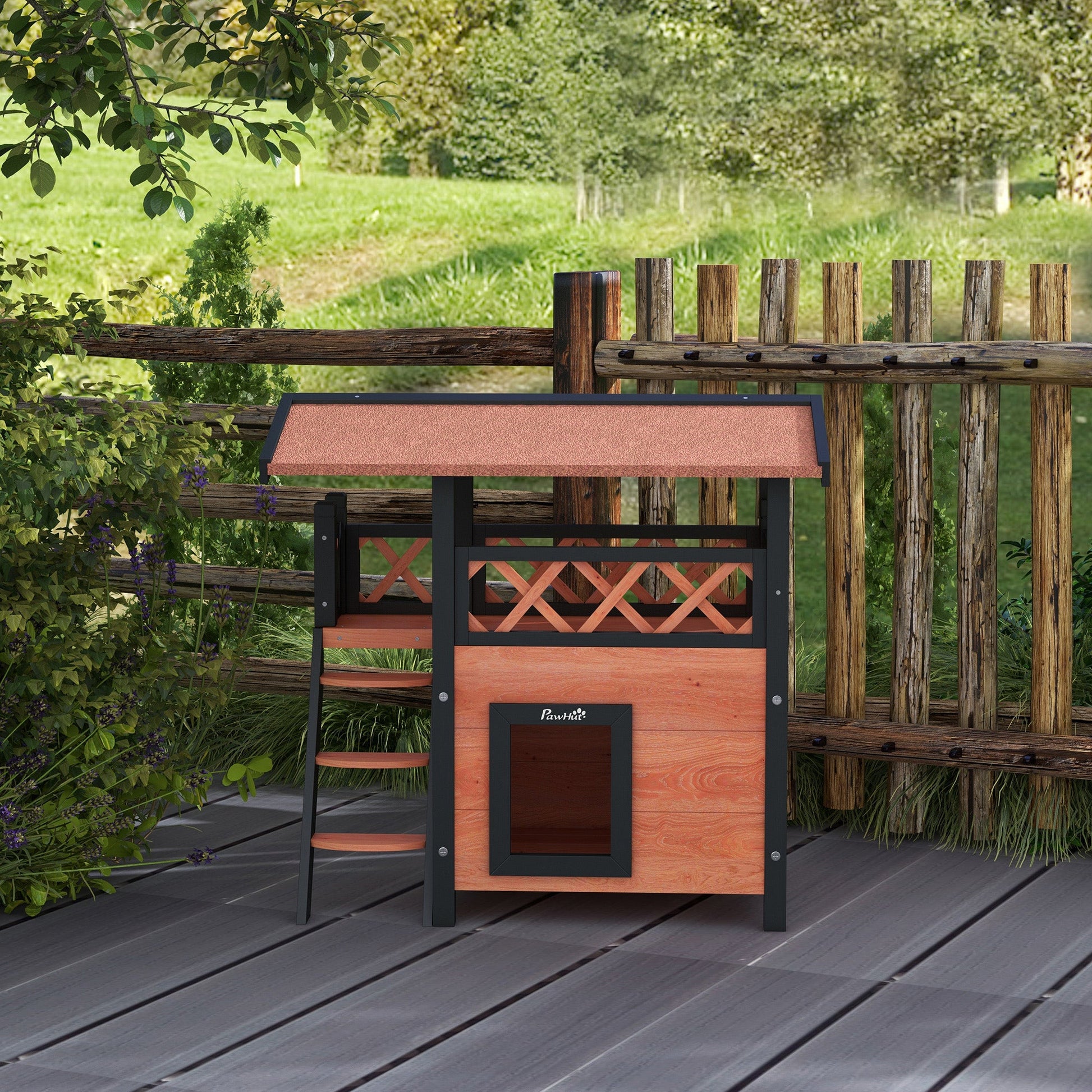 Outdoor Cat House Kitten Shelter Puppy Kennel with Balcony Stairs Asphalt Roof, 77 x 50 x 73 cm, Brown