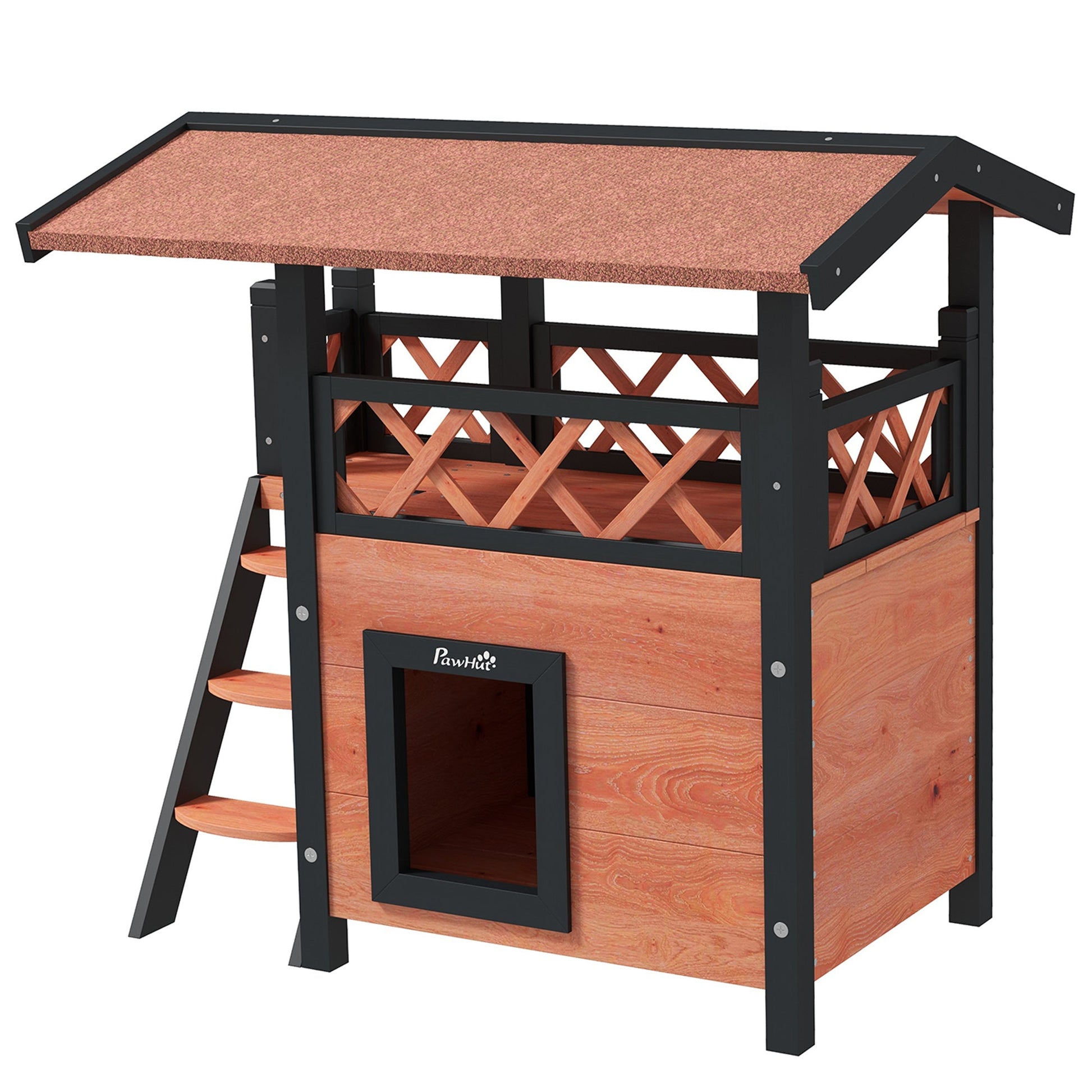 Outdoor Cat House Kitten Shelter Puppy Kennel with Balcony Stairs Asphalt Roof, 77 x 50 x 73 cm, Brown
