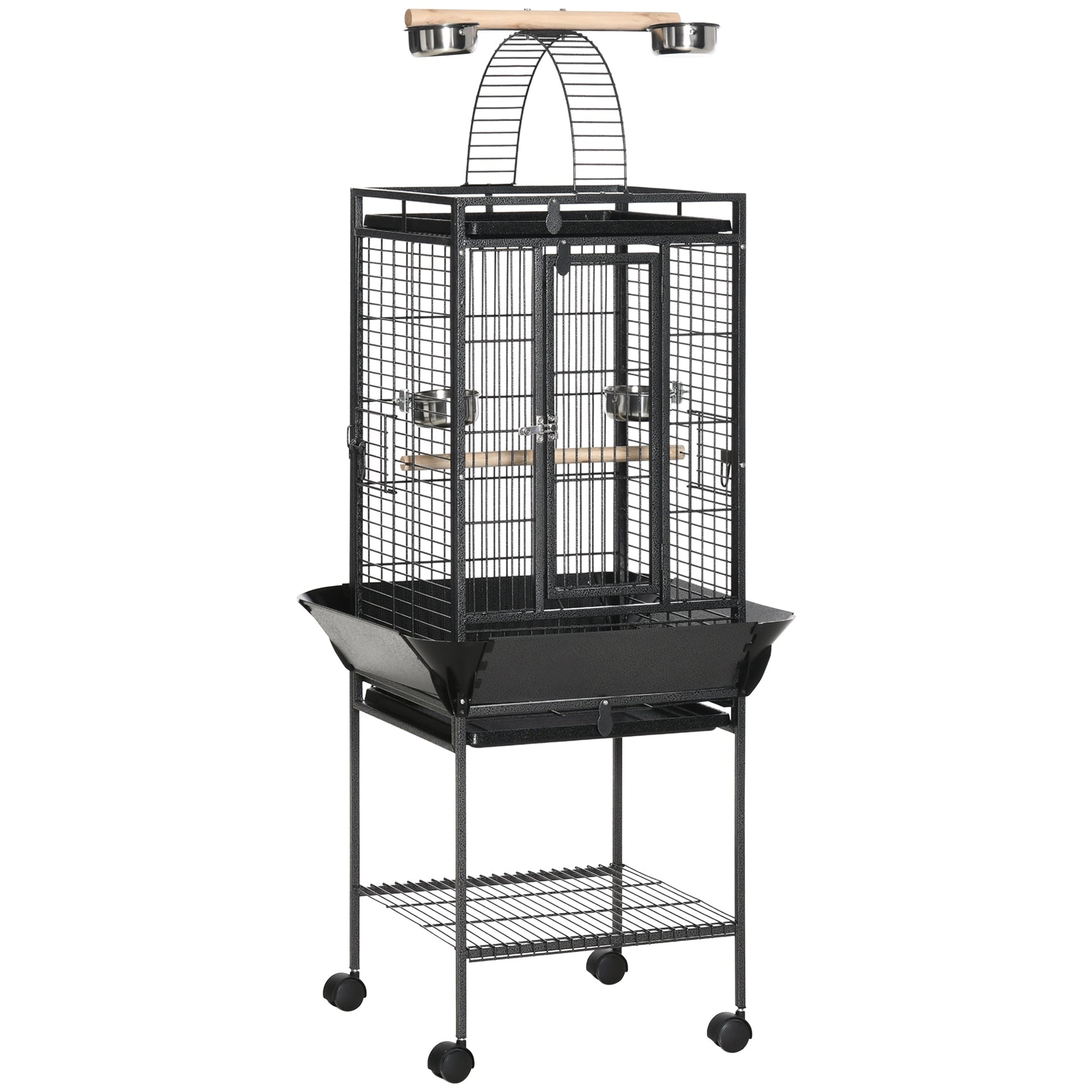 156cm Bird Cage,Large Parrot Cage with Open Play Top, Perch, Seed Guard, Wheels, Storage Shelf for Budgie, Cockatiel, Conure, Lovebird, Dark Grey