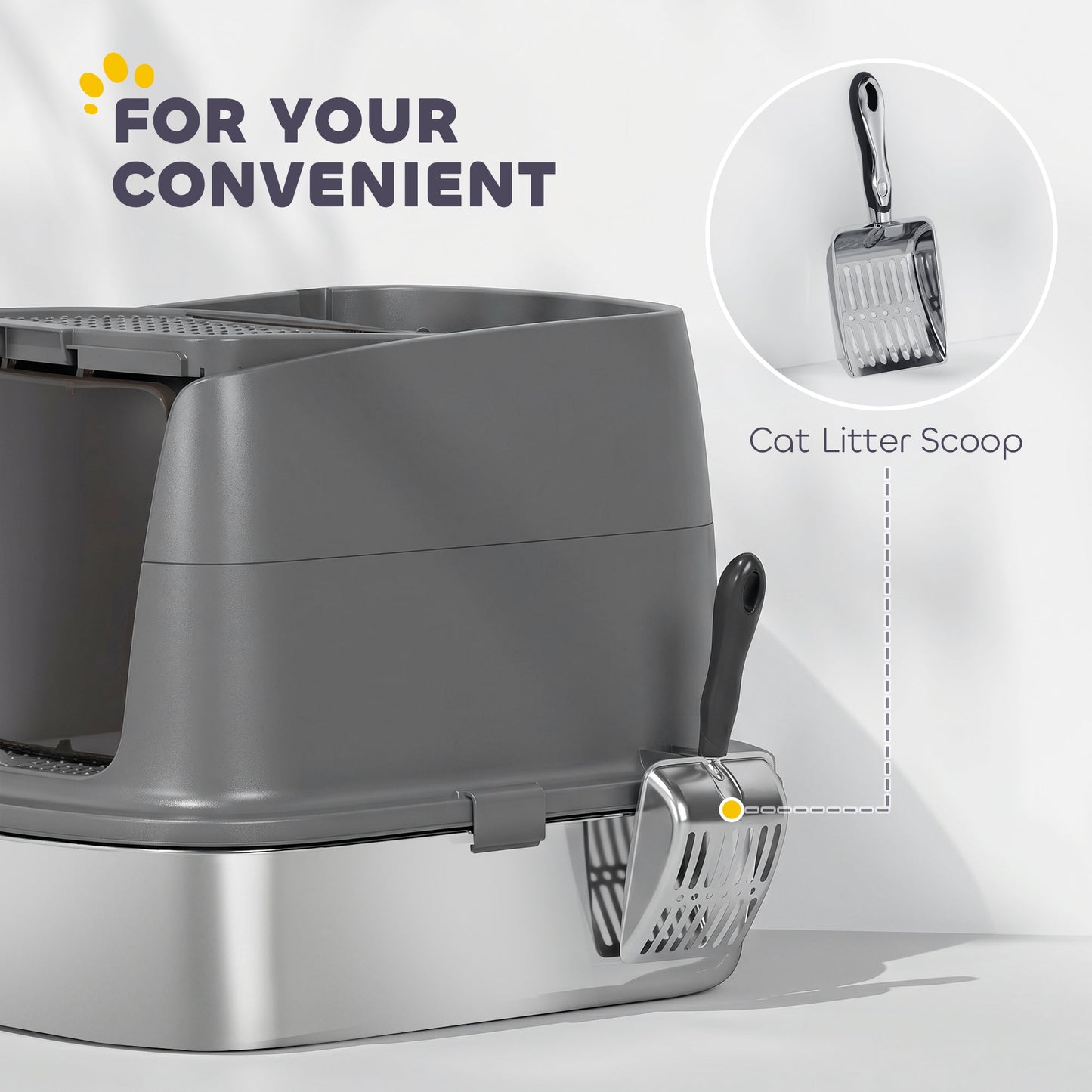 Stainless Steel Litter Box with Lid, Large Hooded Cat Litter Tray with Flip Cover, Metal Scoop, Deodoriser Bag, Non-Sticky, Odour Control and Easy Clean, Dark Grey