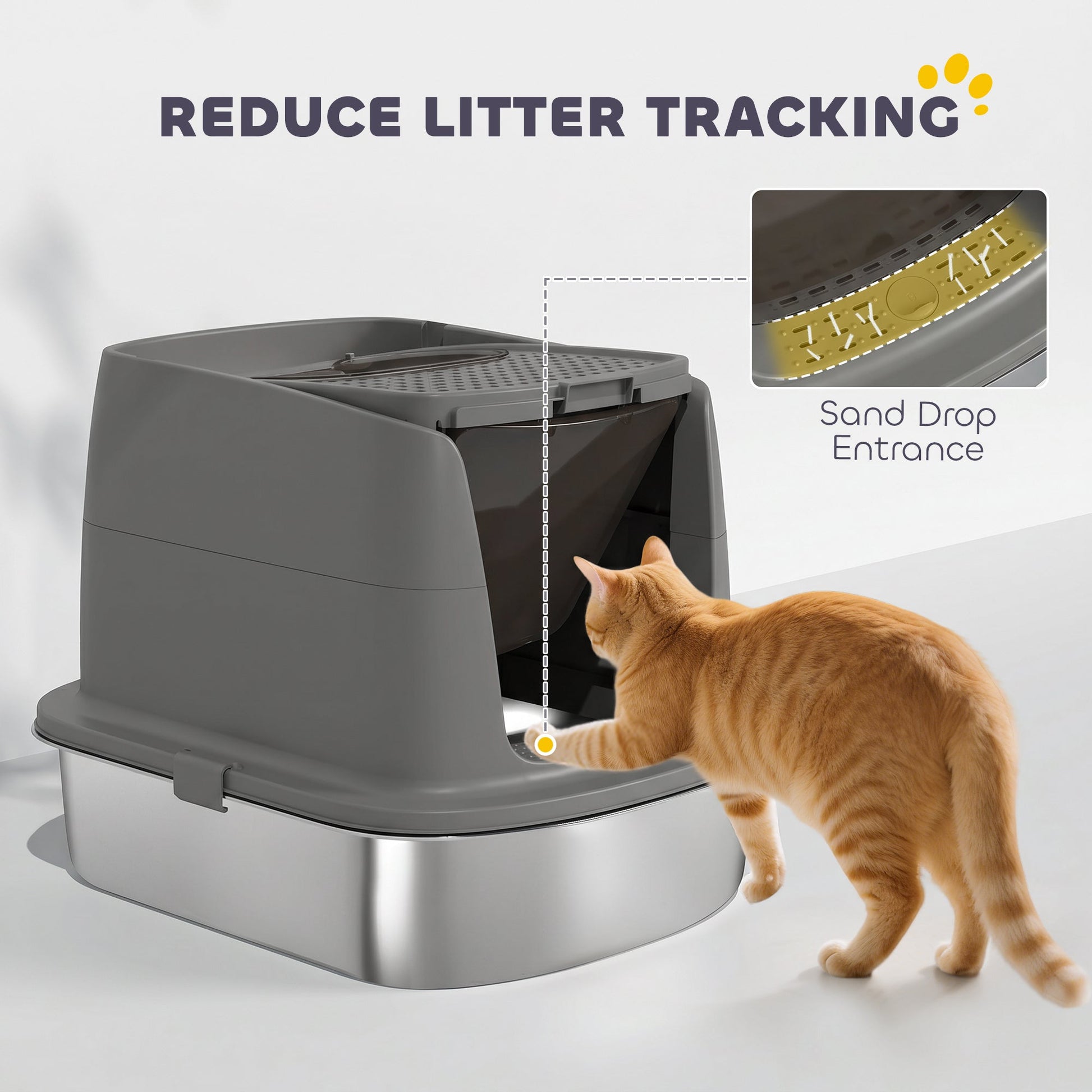 Stainless Steel Litter Box with Lid, Large Hooded Cat Litter Tray with Flip Cover, Metal Scoop, Deodoriser Bag, Non-Sticky, Odour Control and Easy Clean, Dark Grey