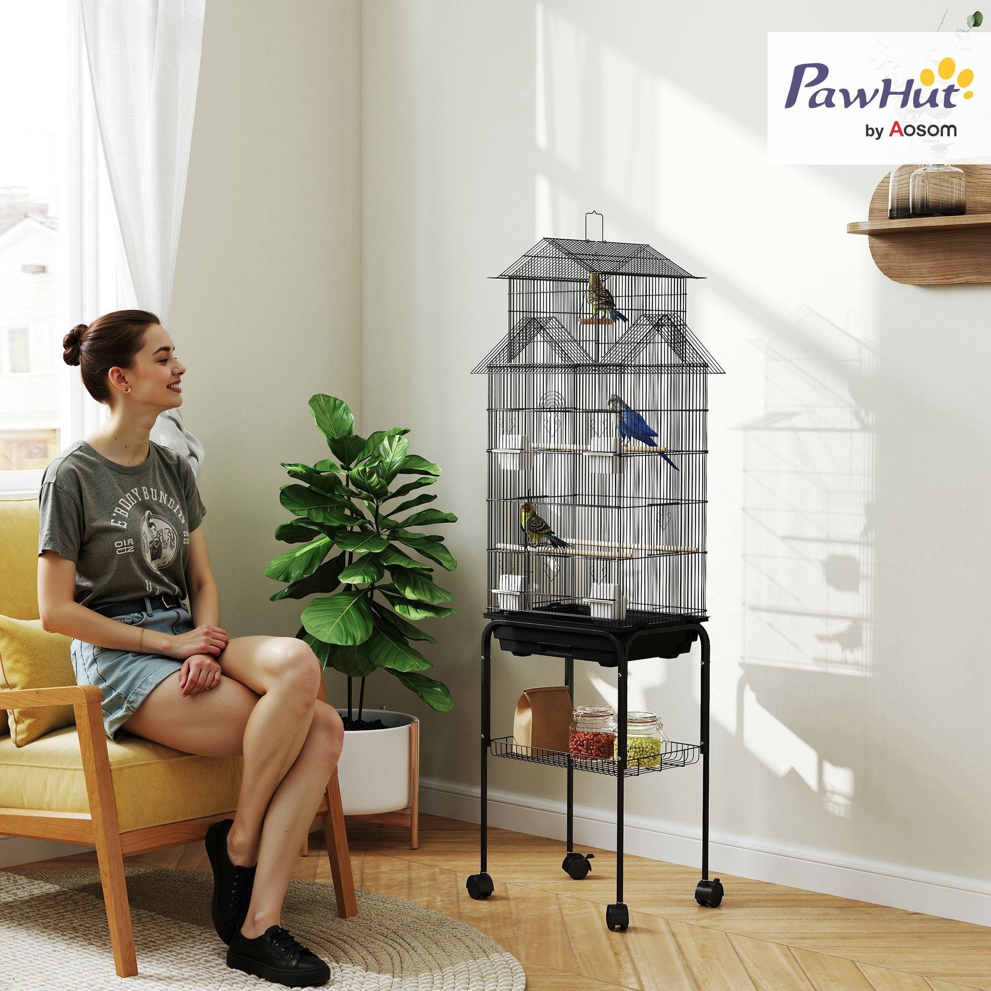 Bird Cage Budgie Cage with Stand Slide Tray Handle for Finch Canary 43 x 32.5 x 163cm Black