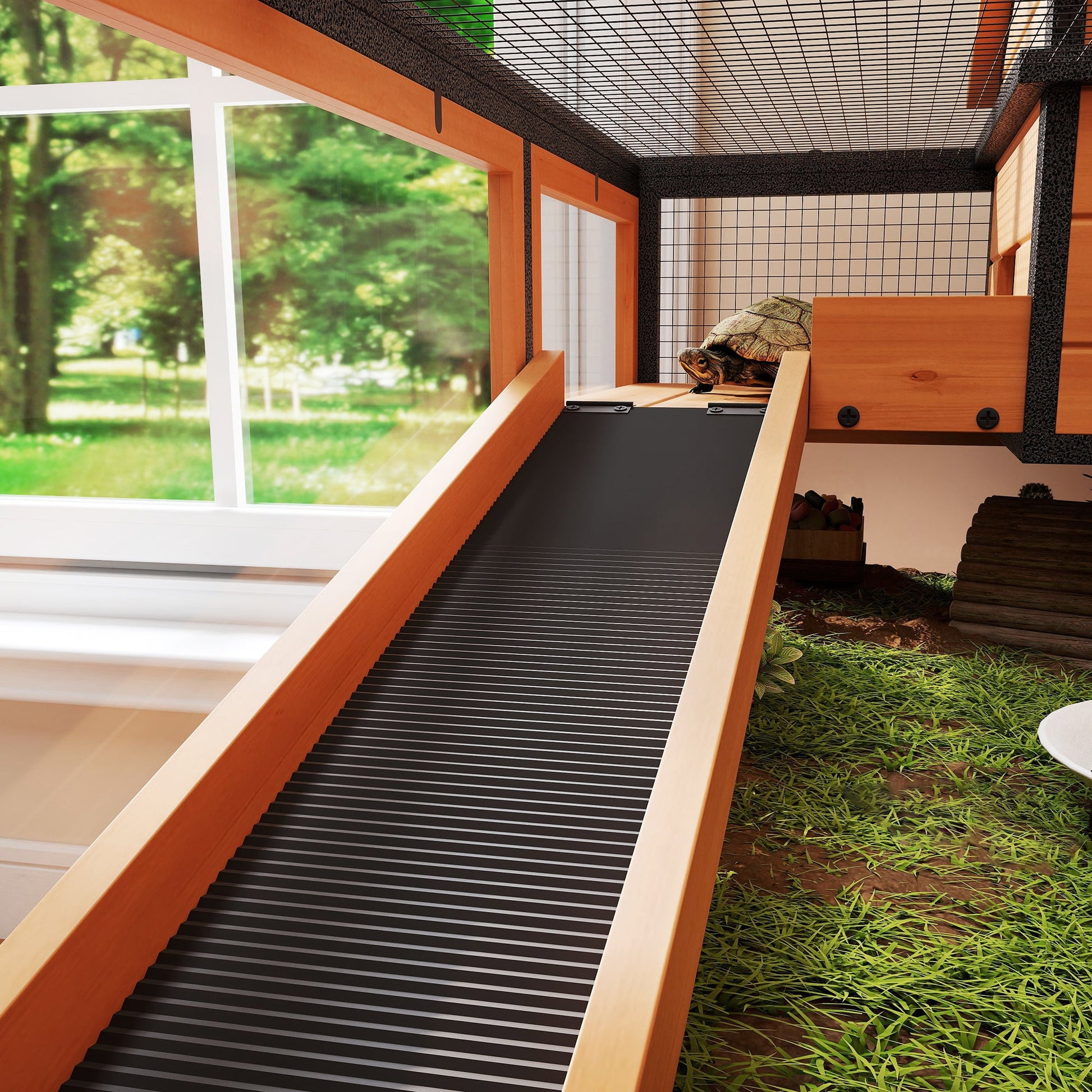 Tortoise House with 2 Rooms, Wooden Reptile Enclosure Habitat with Clear Windows, Ramps, Openable Top, Built-in Tray, with Stand Legs for Indoor Use, Yellow