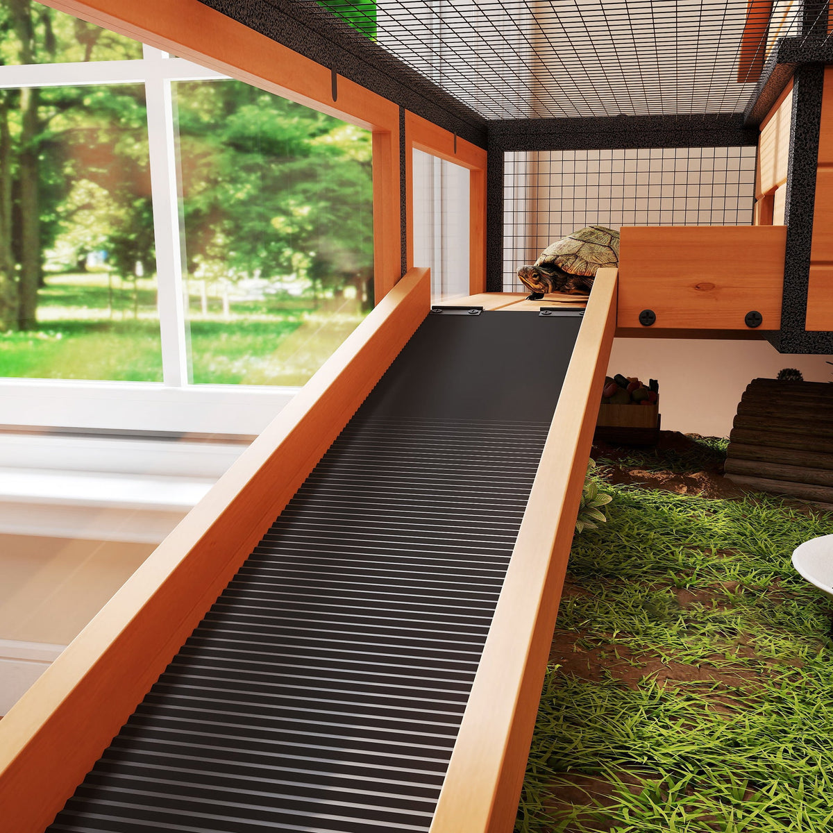 Tortoise House with 2 Rooms, Wooden Reptile Enclosure Habitat with Clear Windows, Ramps, Openable Top, Built-in Tray, with Stand Legs for Indoor Use, Yellow