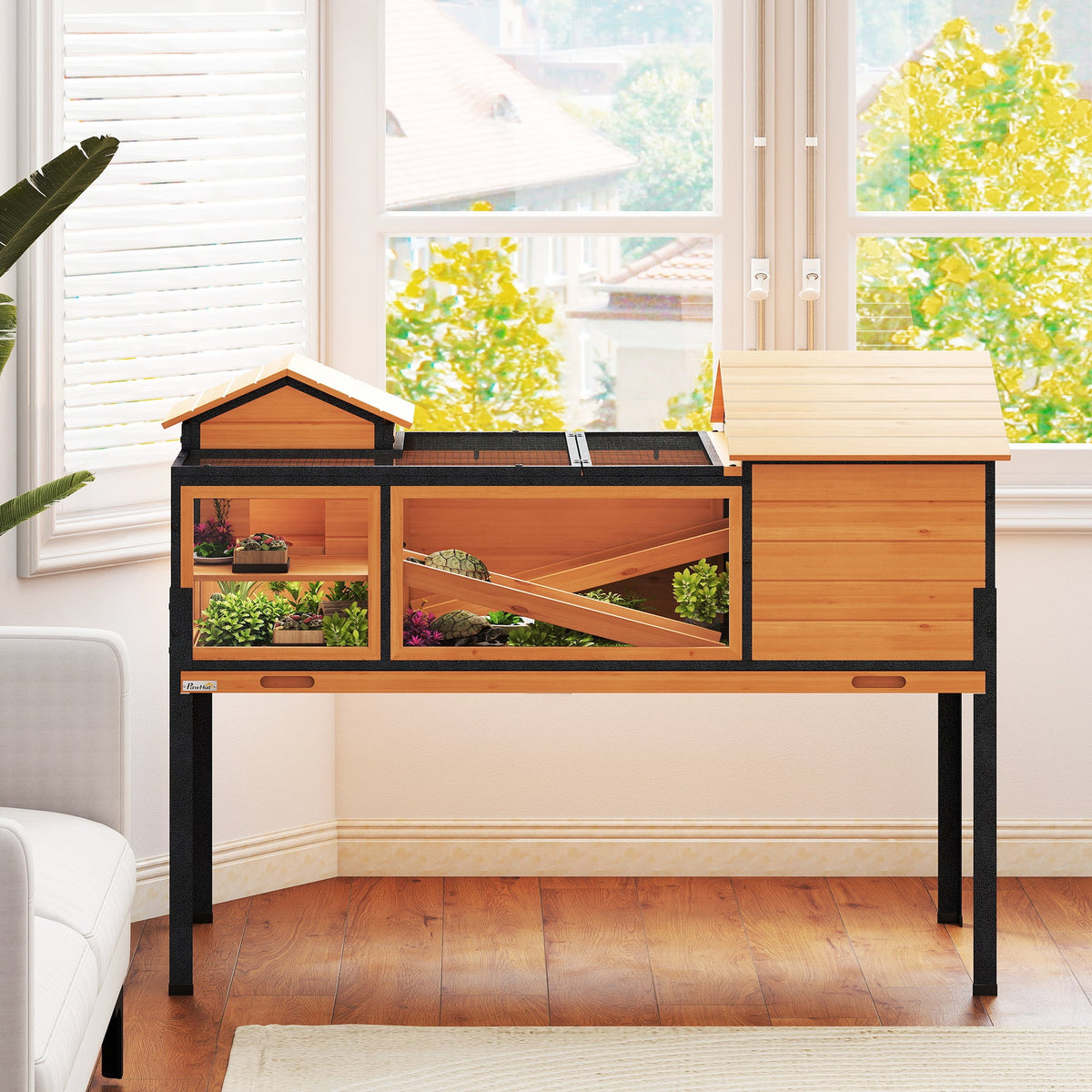 Tortoise House with 2 Rooms, Wooden Reptile Enclosure Habitat with Clear Windows, Ramps, Openable Top, Built-in Tray, with Stand Legs for Indoor Use, Yellow