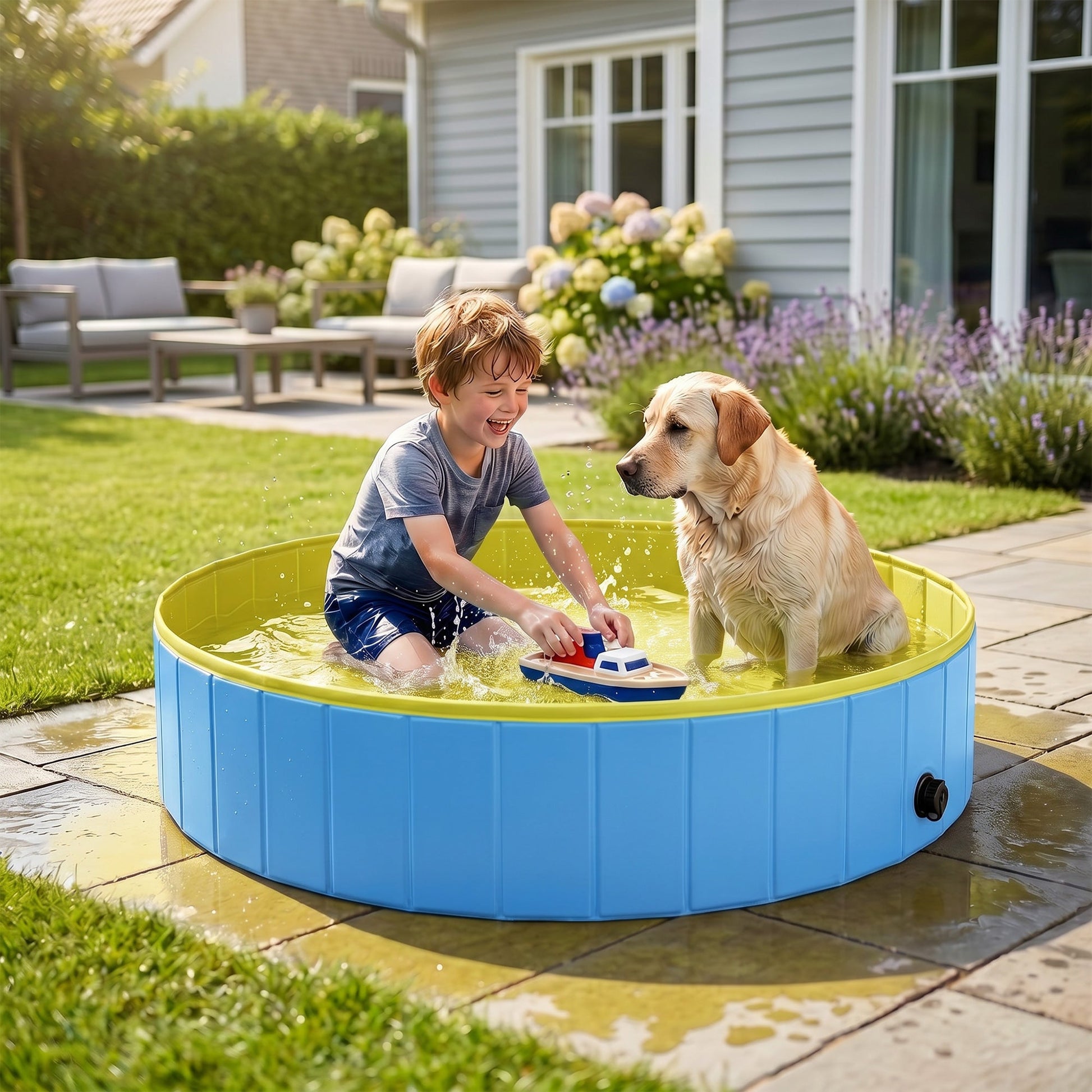 Foldable Dog Pool for Puppies and Ducks, Thickened PVC Dog Paddling Pool Bath Tub Hard Board, Anti-Slip Bottom and Hose Adapter for Easy Drainage, 160 x 30cm, Blue and Yellow