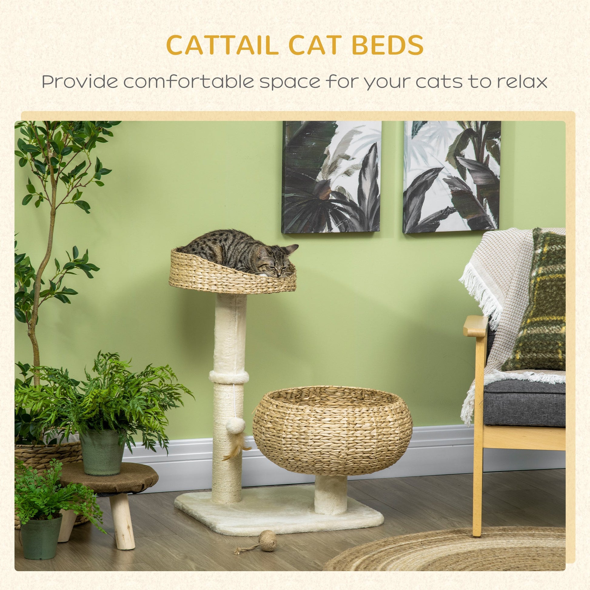 72cm Cat Tree for Indoor Cats with 2 Beds, Kitten Tower with Scratching Post, Toy Ball - Beige