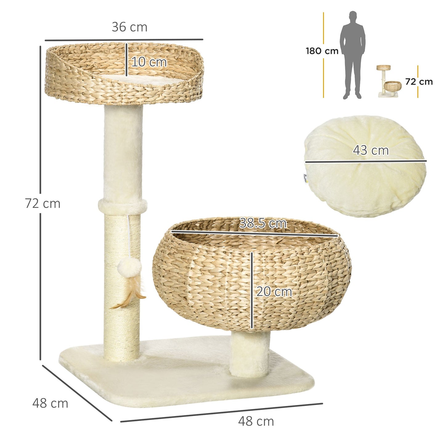 72cm Cat Tree for Indoor Cats with 2 Beds, Kitten Tower with Scratching Post, Toy Ball - Beige
