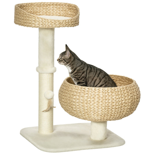 72cm Cat Tree for Indoor Cats with 2 Beds, Kitten Tower with Scratching Post, Toy Ball - Beige