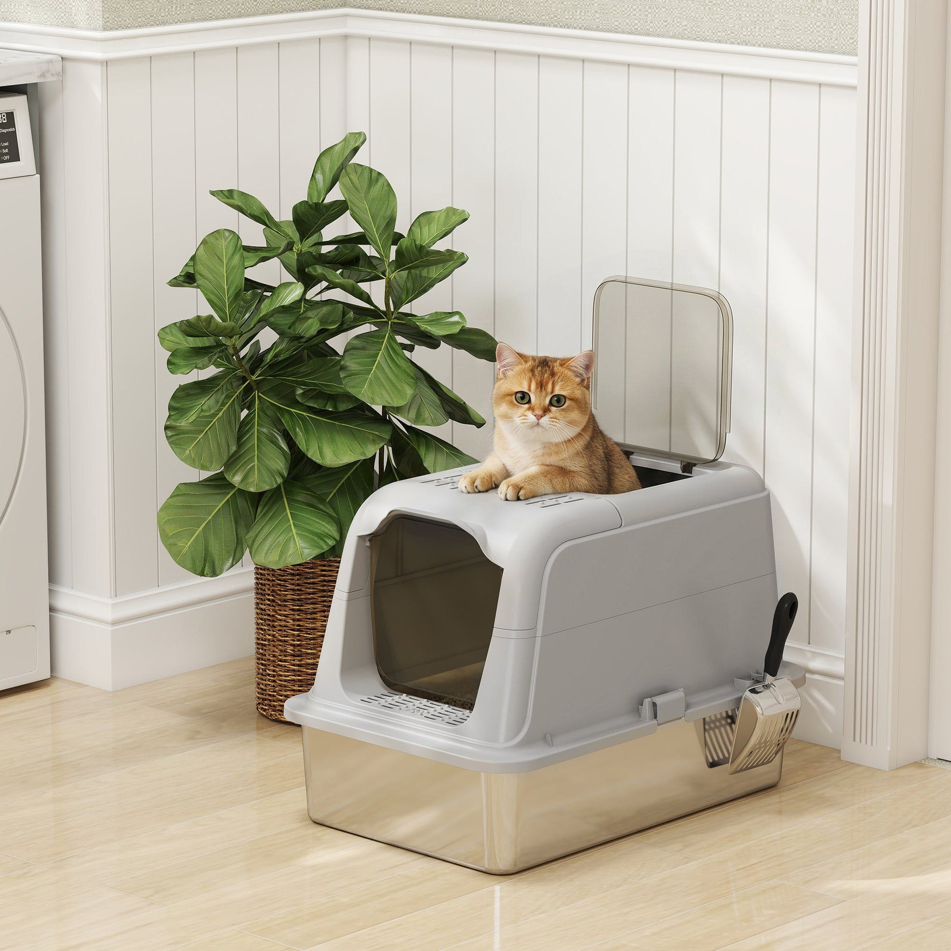 Stainless Steel Litter Box with Lid, Extra Large Hooded Cat Litter Tray for Big Cats with Front-Entry and Top-Exit, Metal Scoop, Deodorizer Bag, Non-Sticky, Odour Control and Easy Clean
