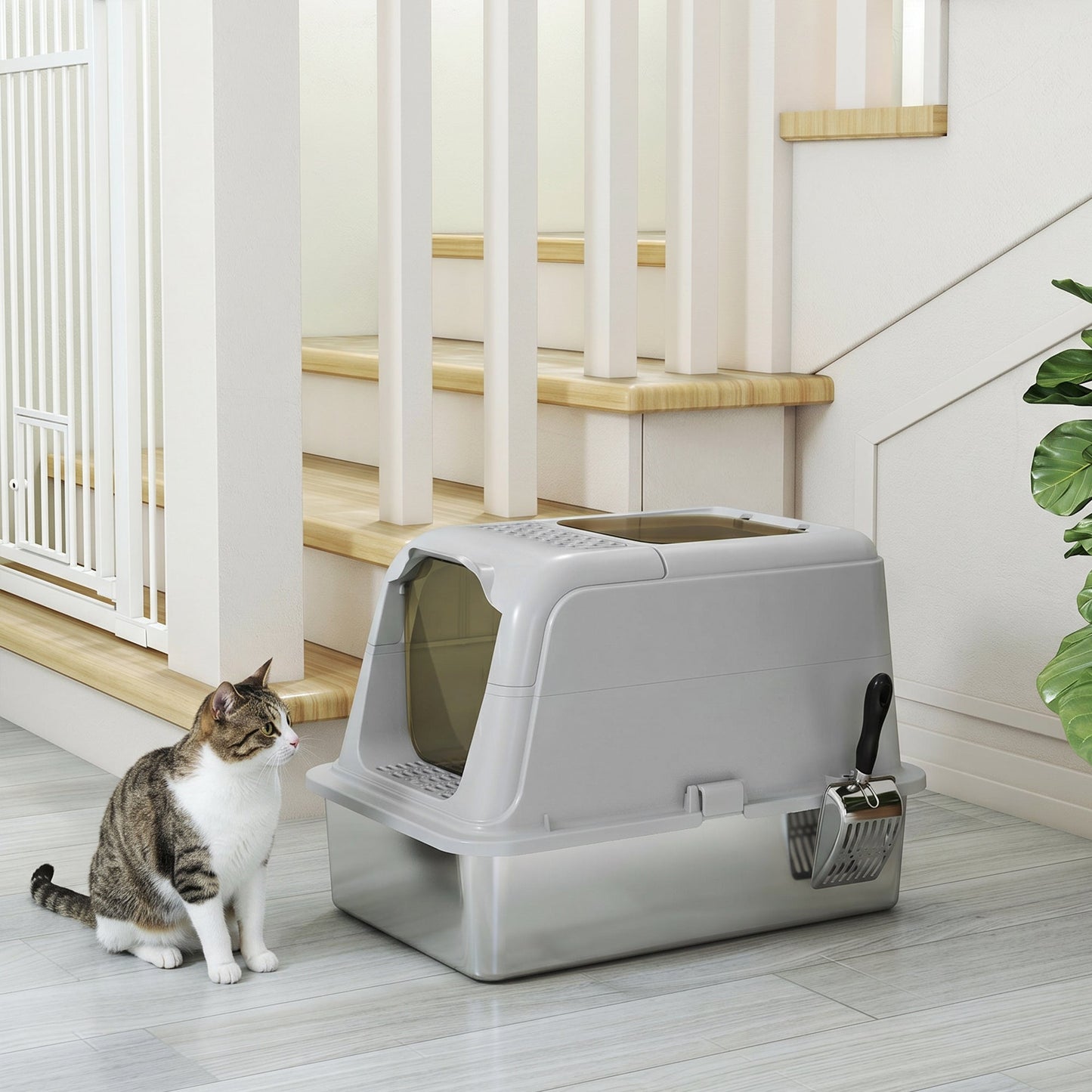 Stainless Steel Litter Box with Lid, Extra Large Hooded Cat Litter Tray for Big Cats with Front-Entry and Top-Exit, Metal Scoop, Deodorizer Bag, Non-Sticky, Odour Control and Easy Clean