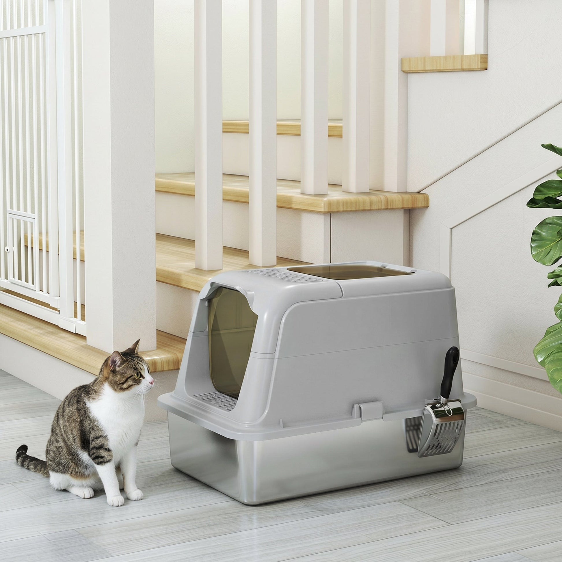Stainless Steel Litter Box with Lid, Extra Large Hooded Cat Litter Tray for Big Cats with Front-Entry and Top-Exit, Metal Scoop, Deodorizer Bag, Non-Sticky, Odour Control and Easy Clean