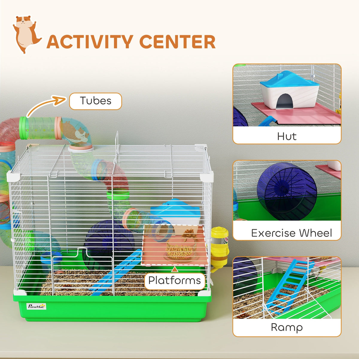 2 Tier Hamster Cage, Gerbil Cage with Handle, Exercise Wheels, Tunnel, Water Bottle, Dishes, Ladder, for Dwarf Hamster, Green